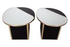 Pair Postmodern End Side Tables Mirror Top Black Pedestal Base