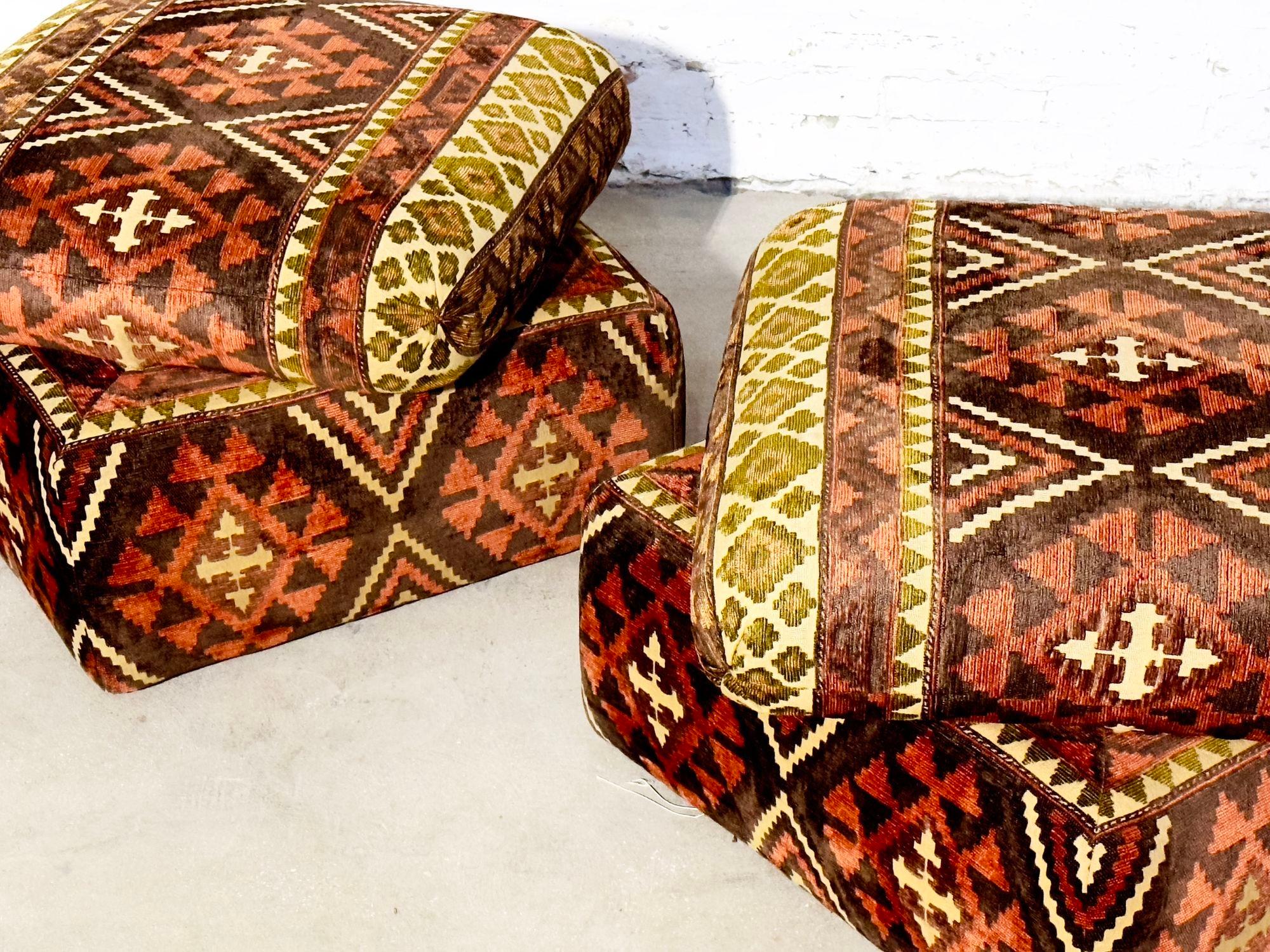 Pair Post Modern Ottomans, 1980.  Original upholstery, great vintage condition.  No rips or tears.