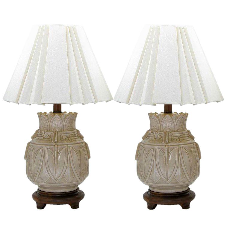 Pair Pottery Asian Urn Form Lamps For Sale