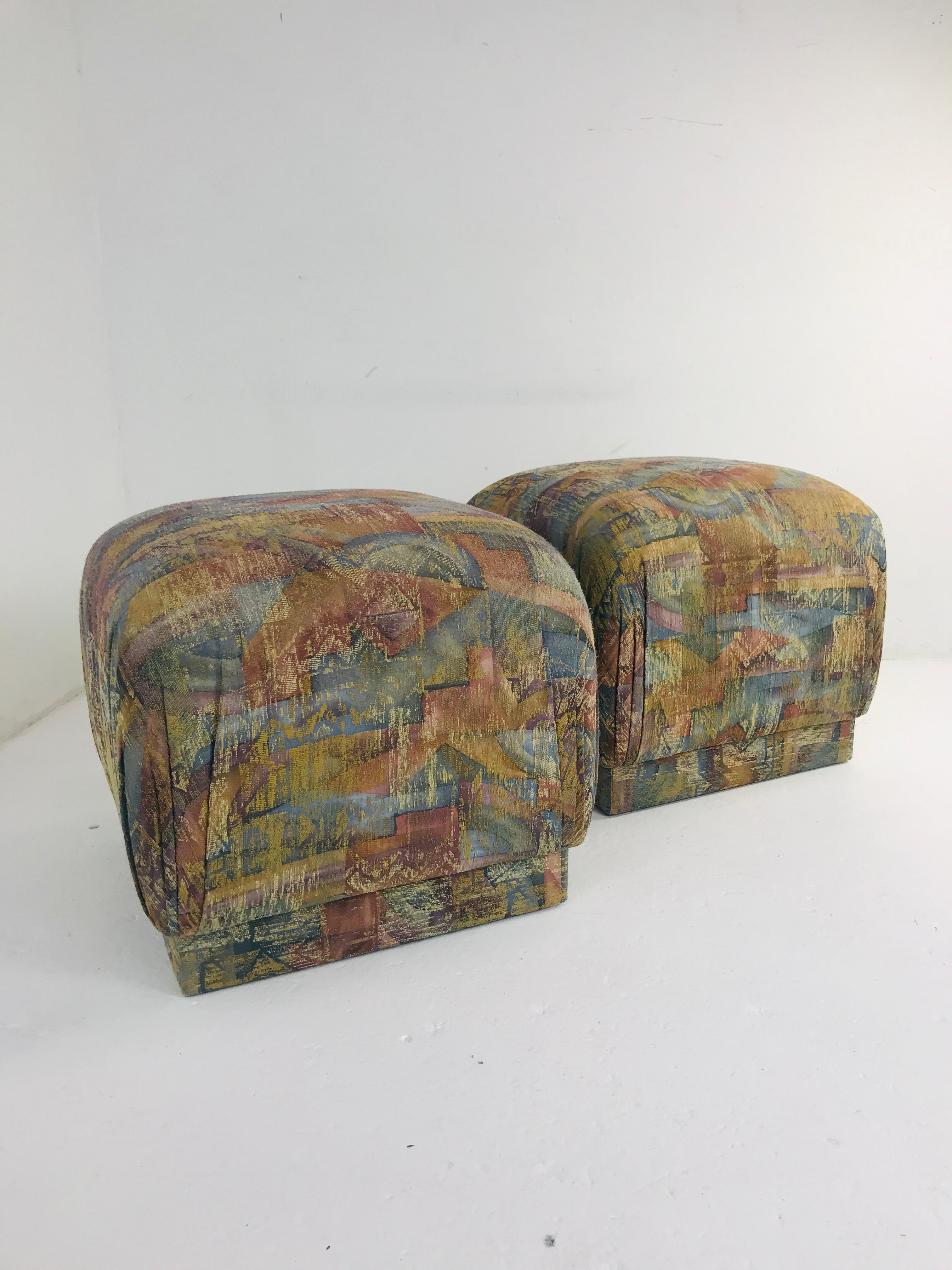 Mid-Century Modern Pair of Pouf Ottomans with Plinth Base