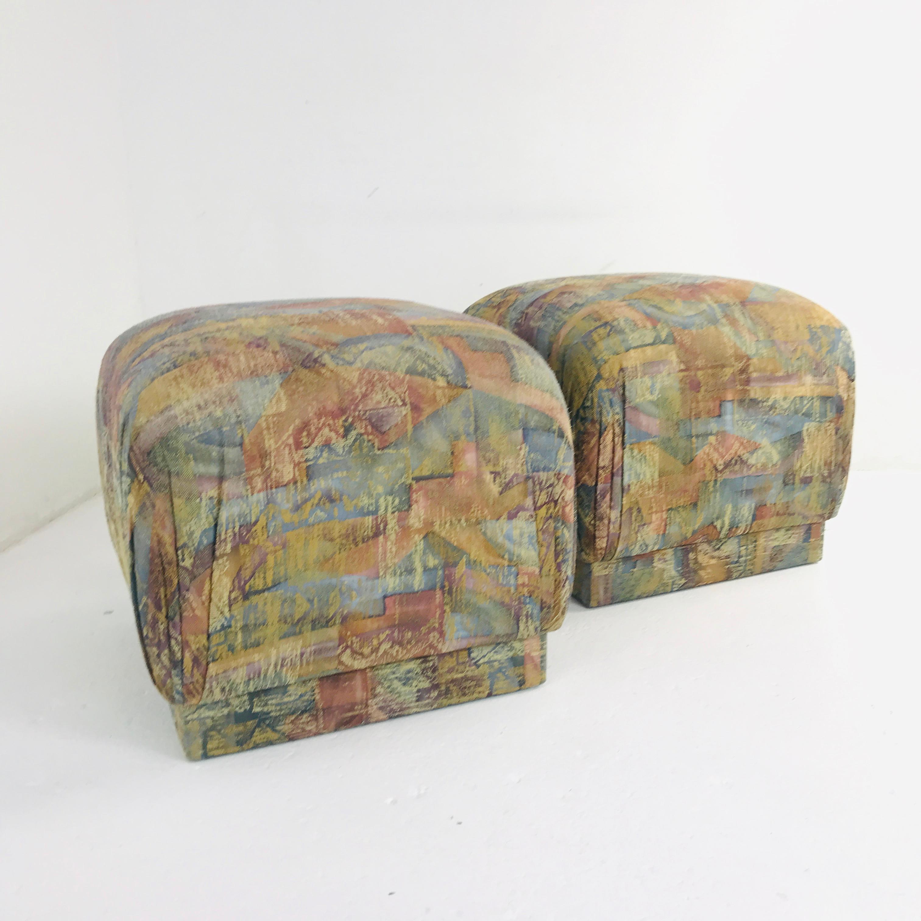 Pair of Pouf Ottomans with Plinth Base In Good Condition In Dallas, TX