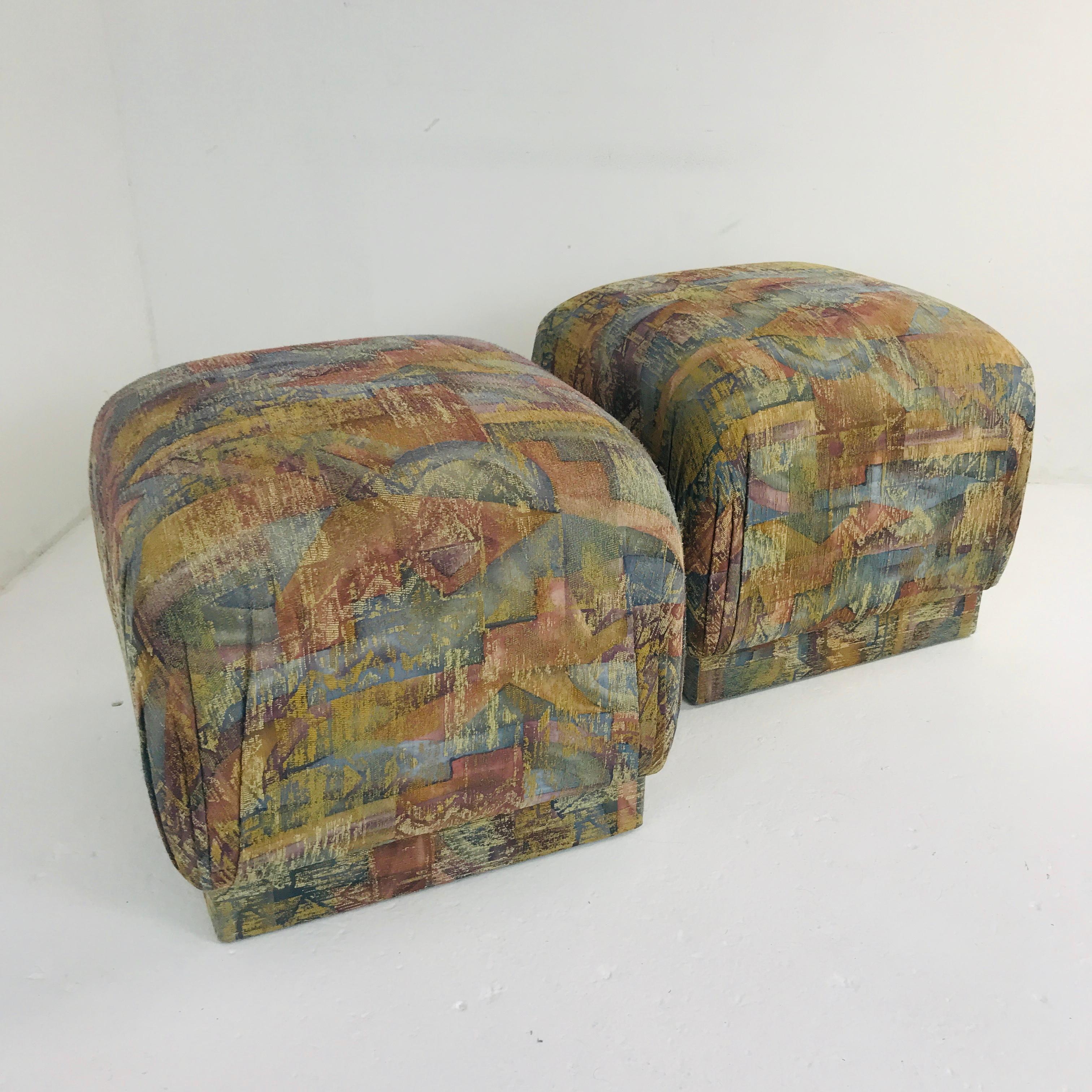 Late 20th Century Pair of Pouf Ottomans with Plinth Base