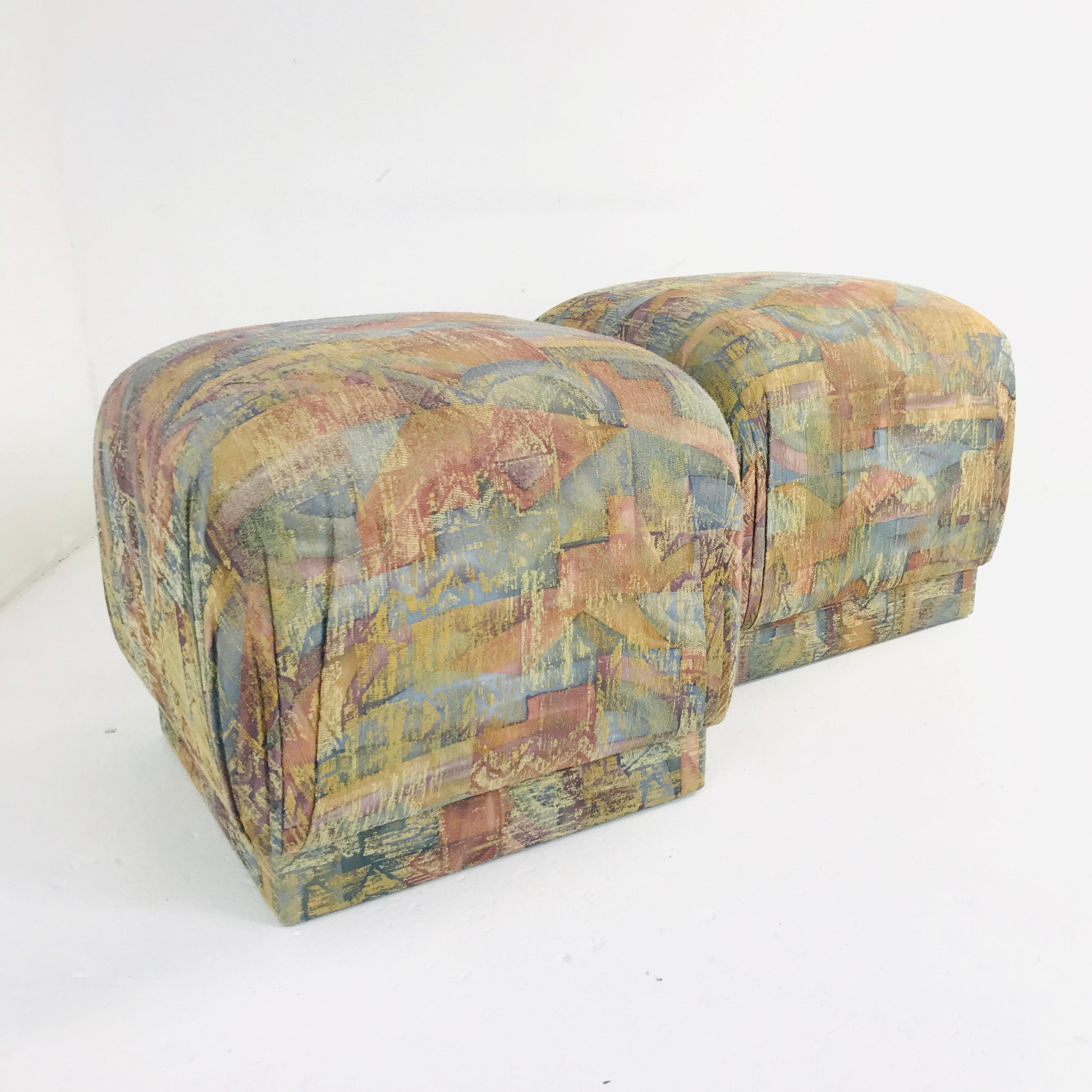 Upholstery Pair of Pouf Ottomans with Plinth Base