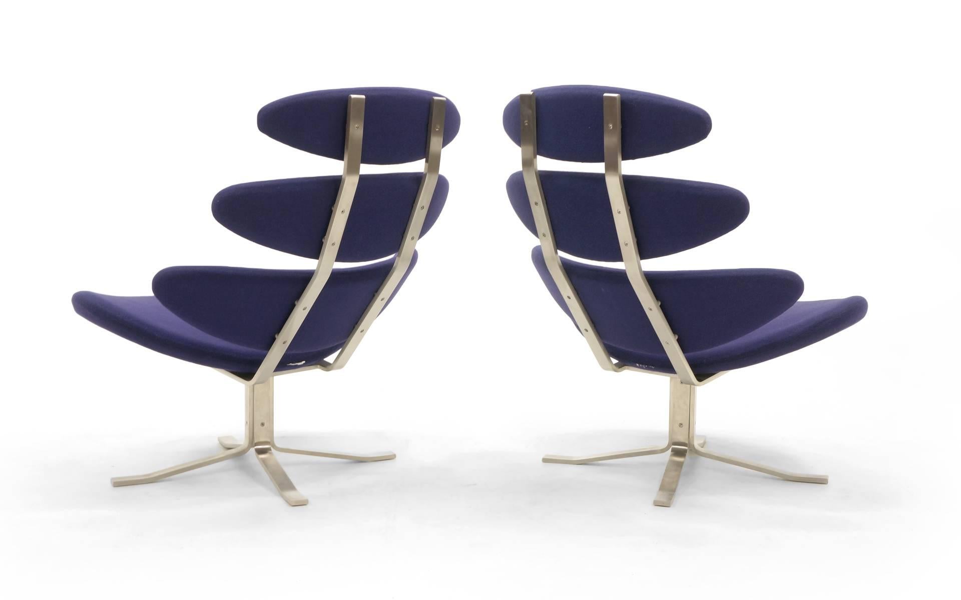 Pair Poul Volther Corona Chairs with Ottoman, Deep Blue Fabric and Solid Steel In Good Condition In Kansas City, MO