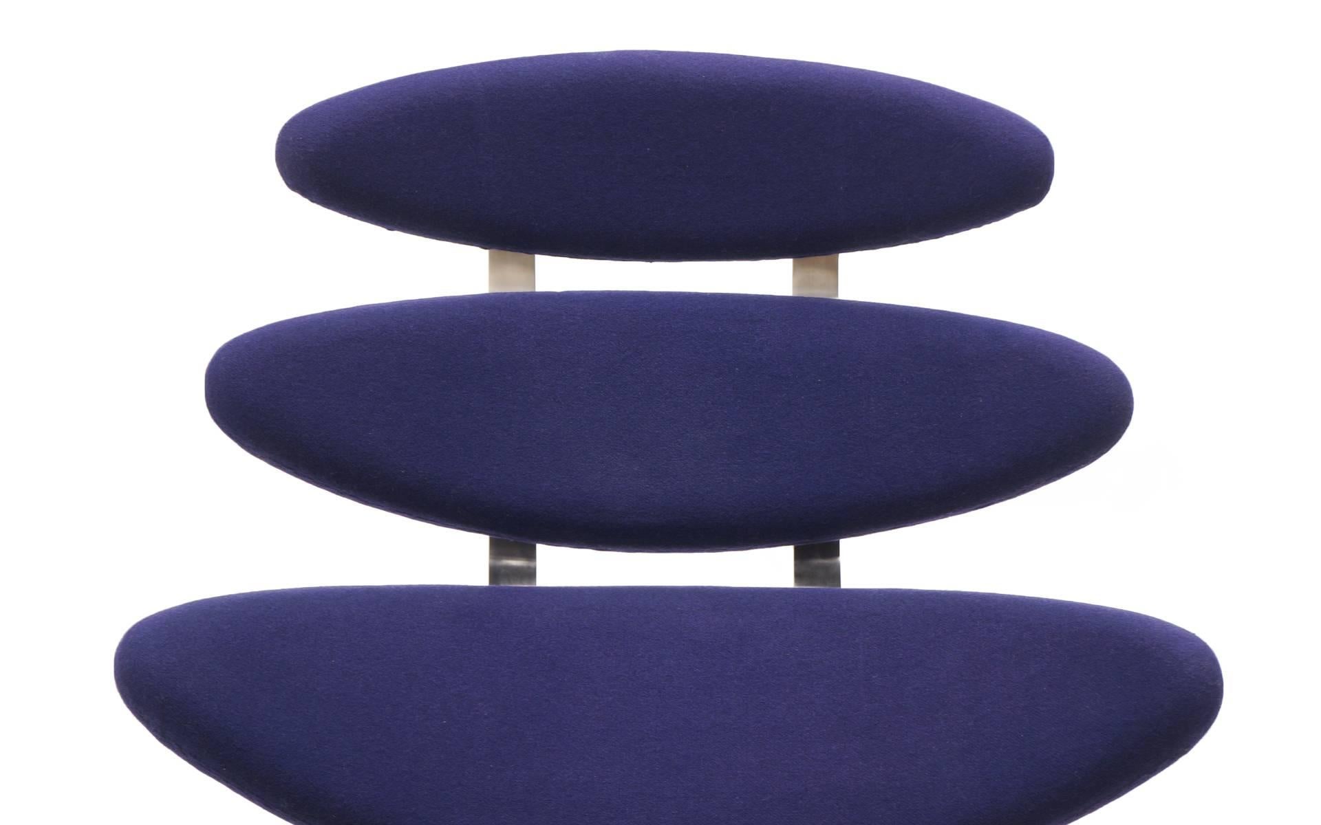 Mid-20th Century Pair Poul Volther Corona Chairs with Ottoman, Deep Blue Fabric and Solid Steel