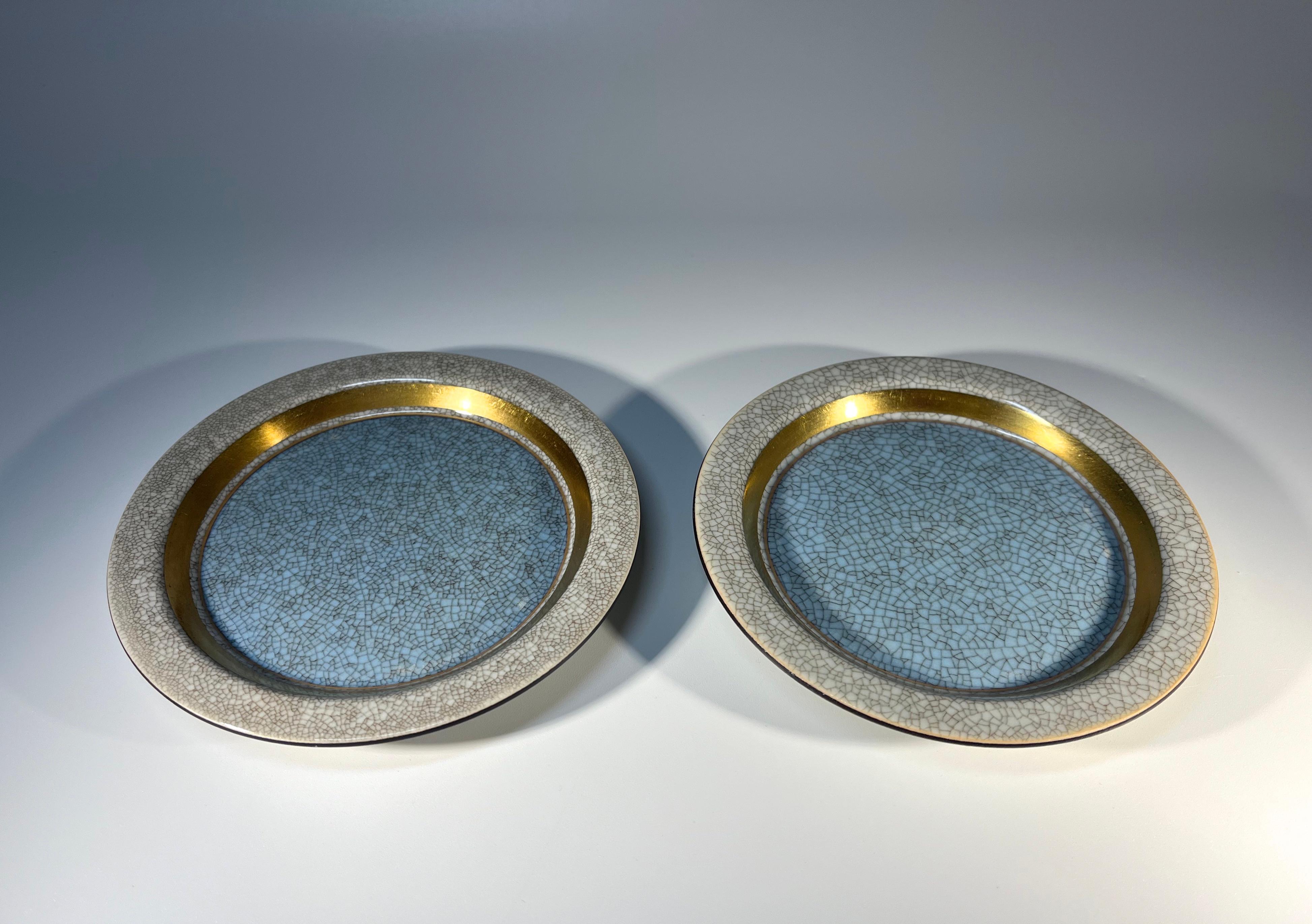 Art Deco Pair Powder Blue Thorkild Olsen Royal Copenhagen Craquelure Porcelain Trays 3010