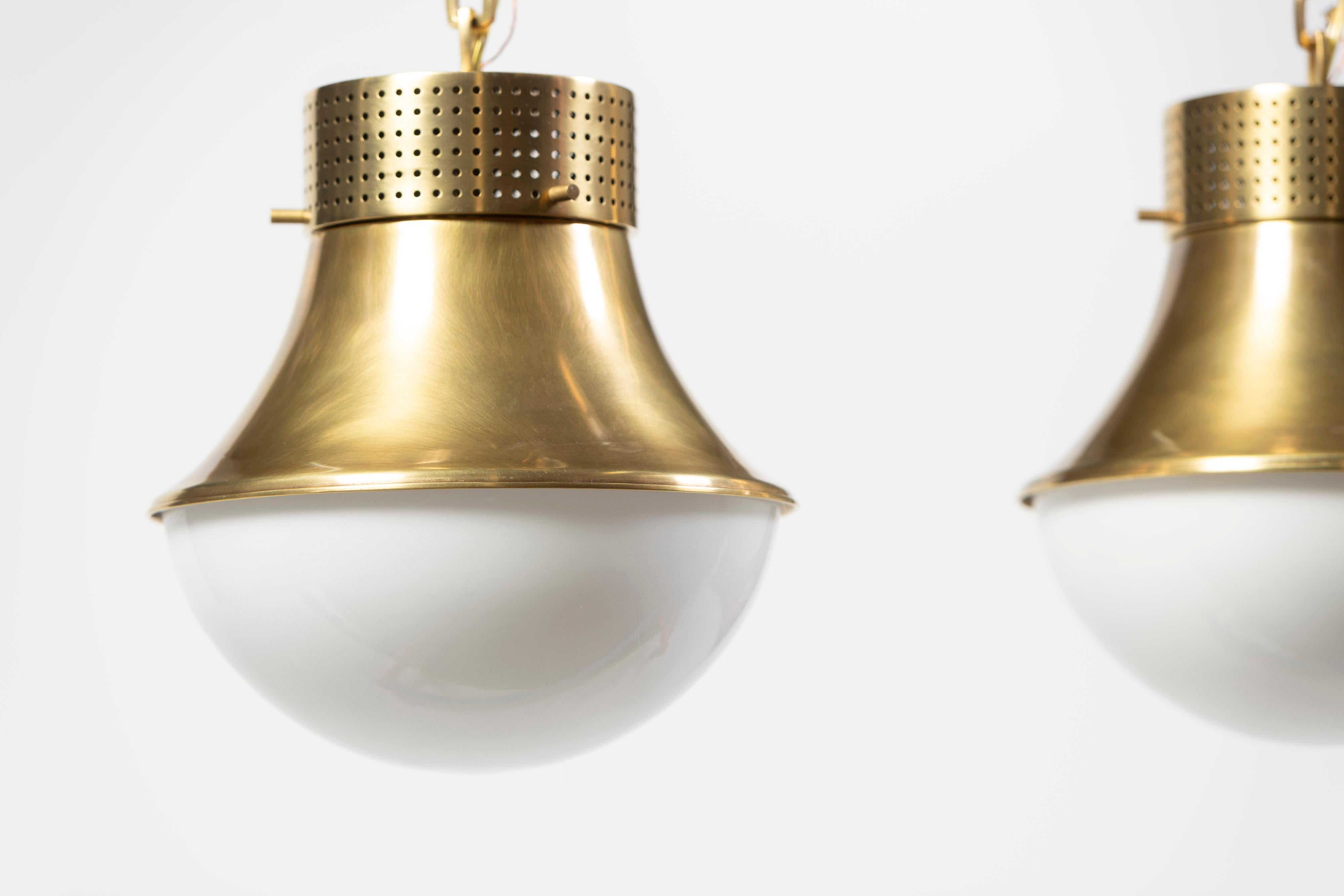 Modern Pair Precision Pendants Antique Burnished Brass w/ White Glass Shades, 2000s