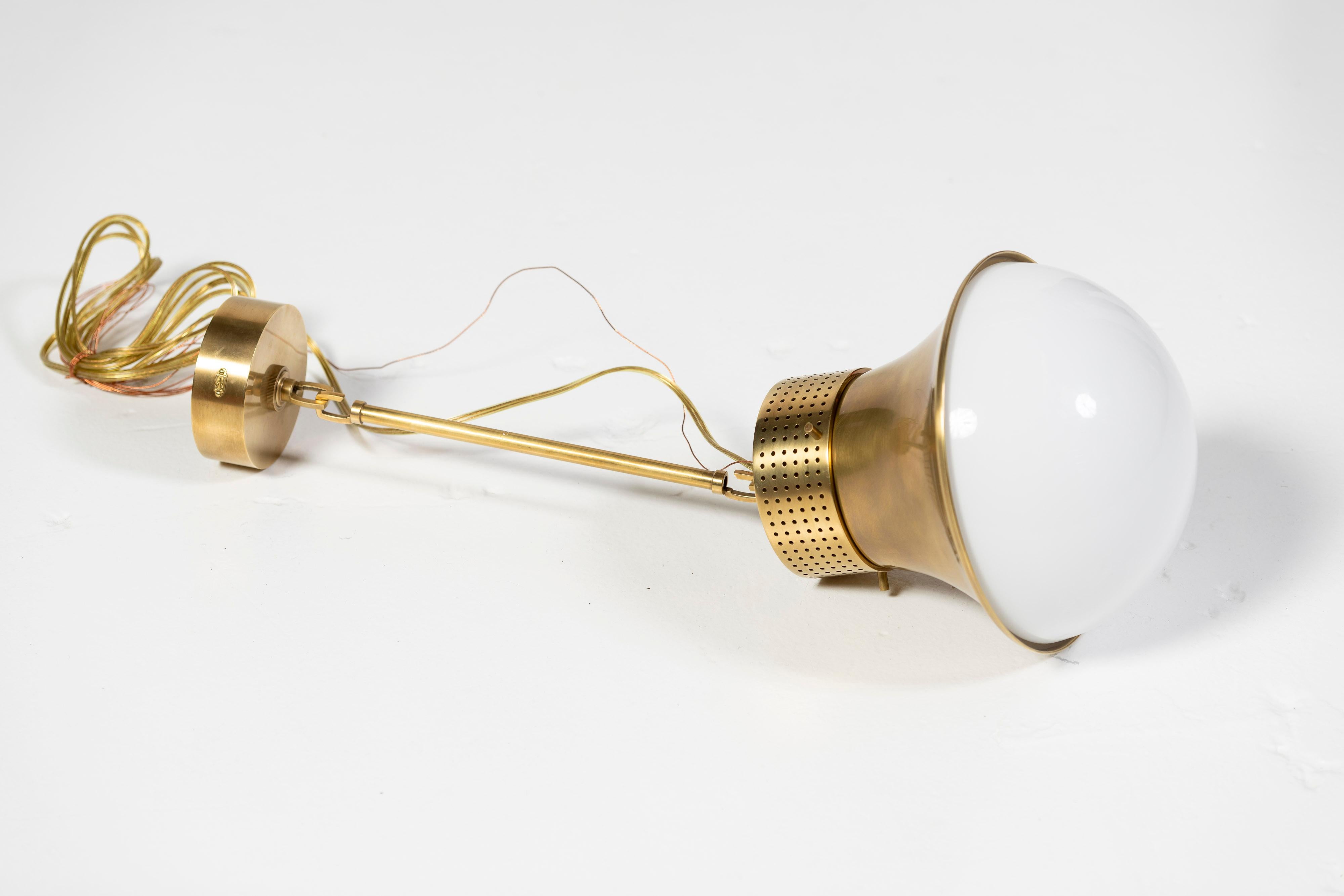 American Pair Precision Pendants Antique Burnished Brass w/ White Glass Shades, 2000s