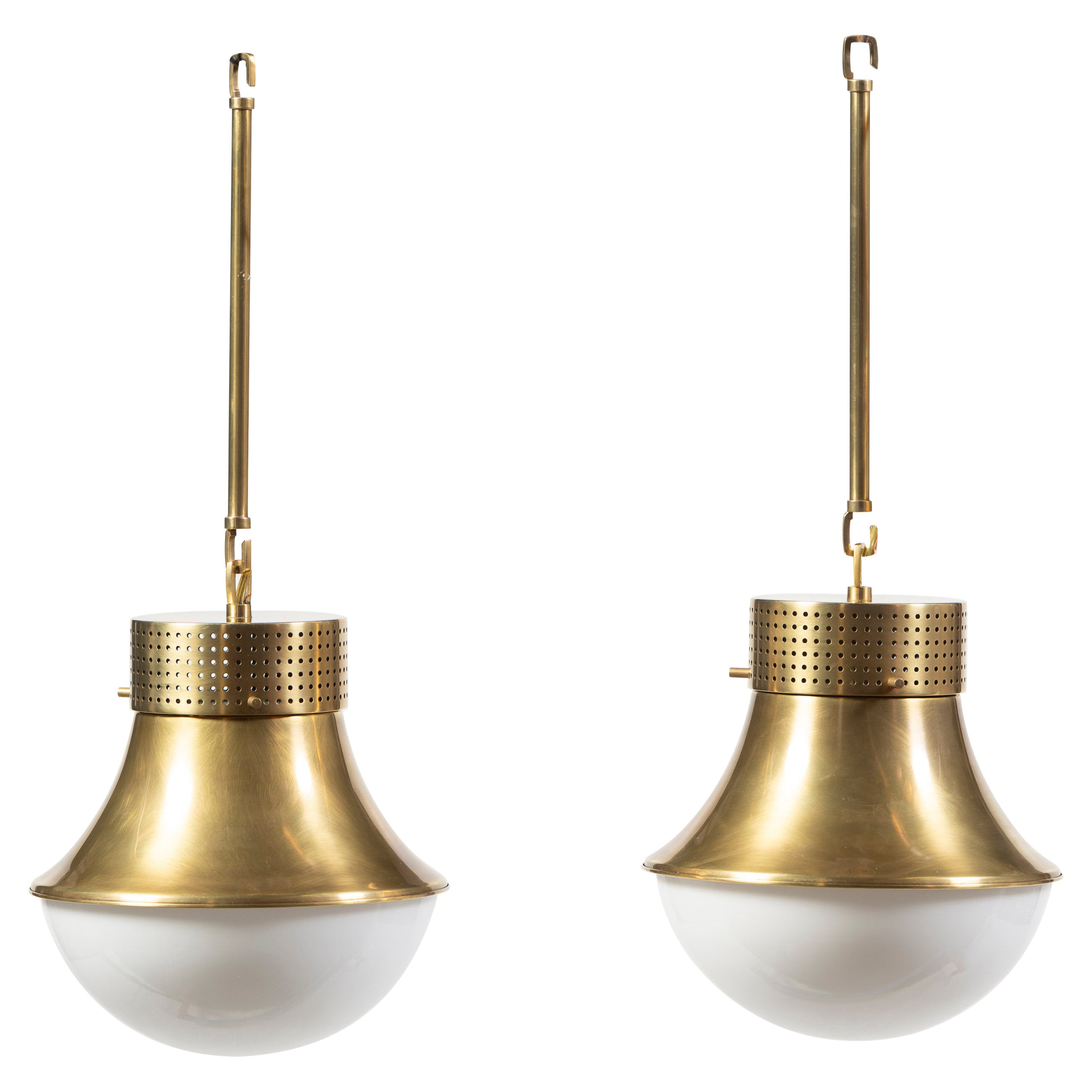 Pair Precision Pendants Antique Burnished Brass w/ White Glass Shades, 2000s