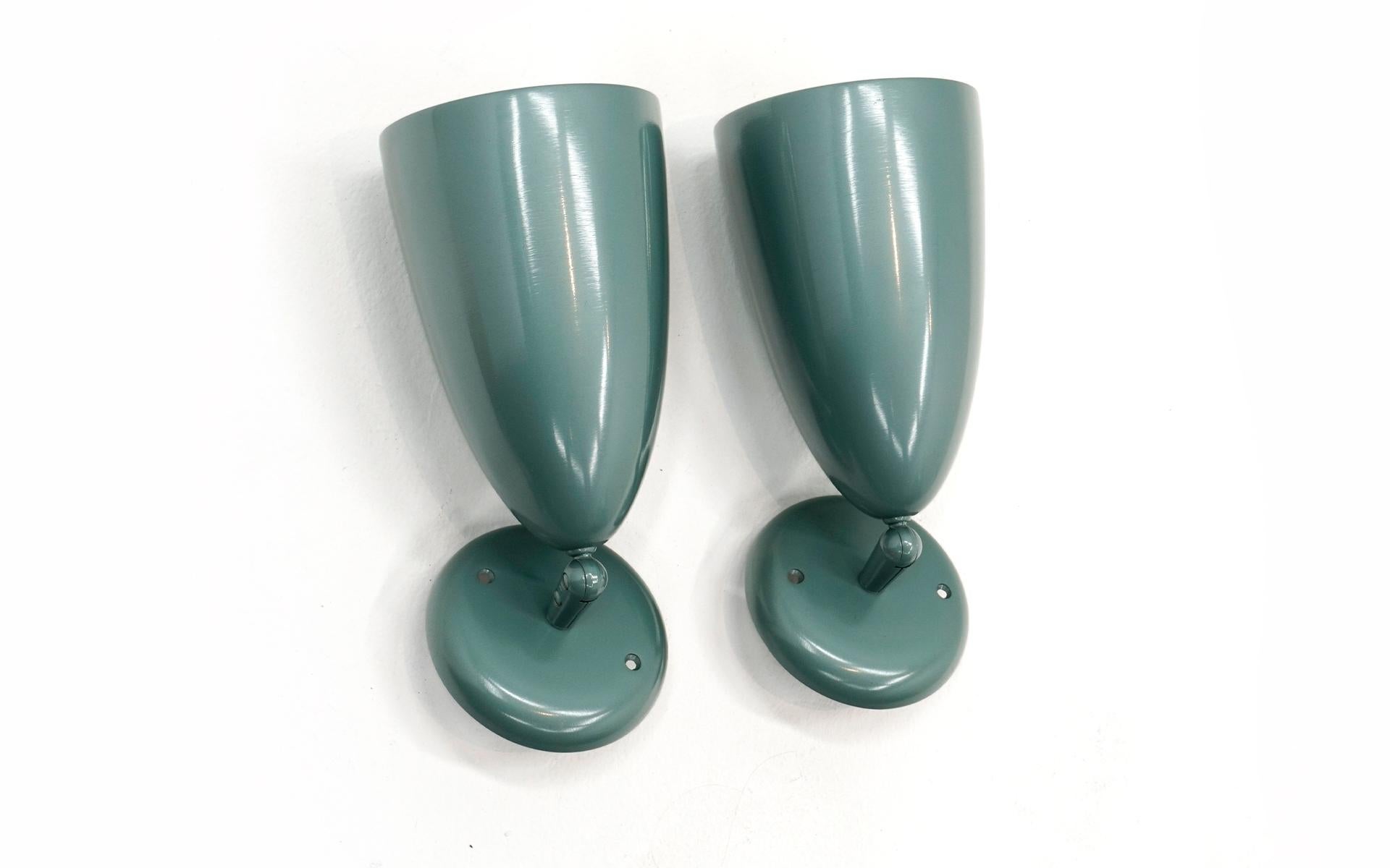 Enameled Pair Prescolite Sconces, Outdoor or Indoor, New Old Stock with Box, Blue Green For Sale