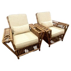 Pair Presidents Stick Reed Rattan "Nantucket" Lounge Armchairs with Bolster