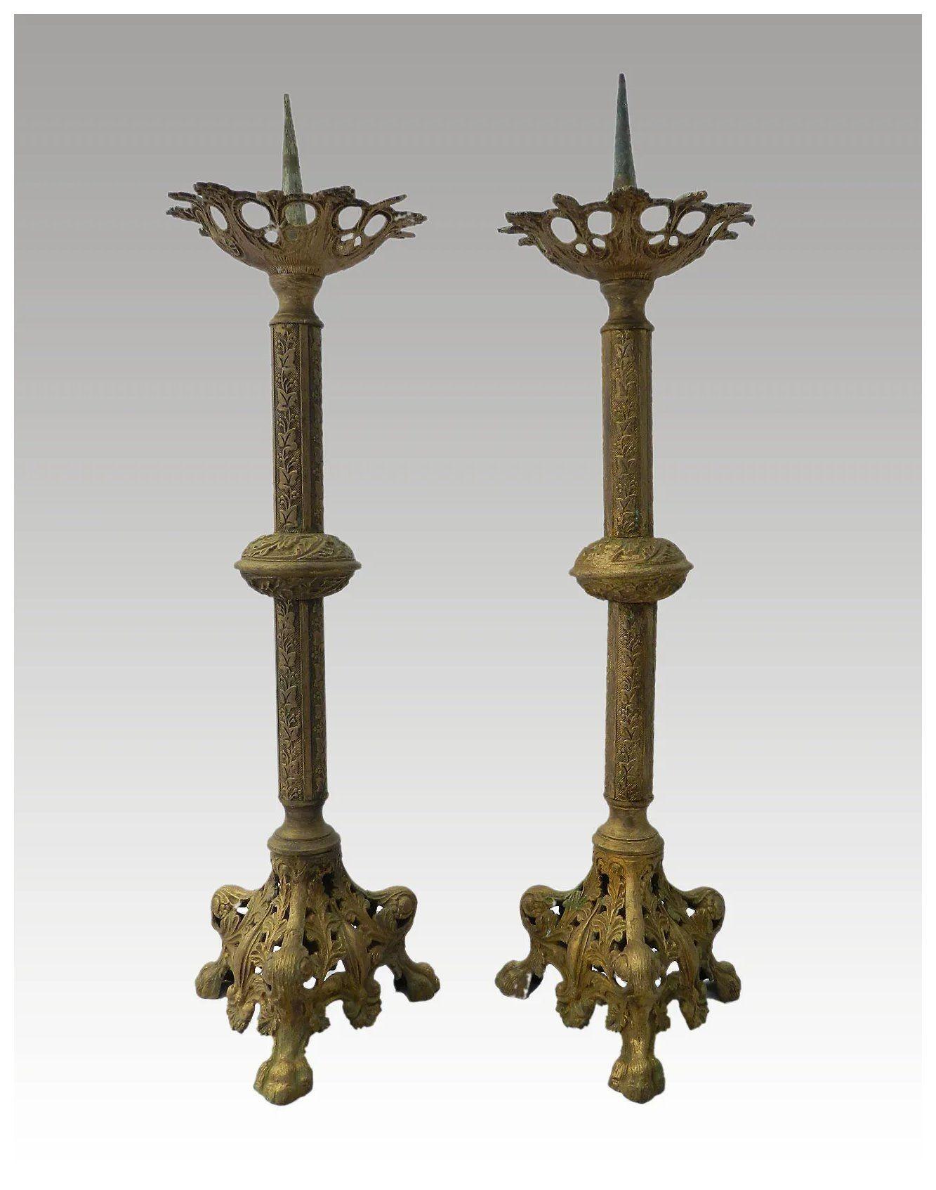 Pair of French Pricket Sticks 19th Century
we also have another pair of these that match listed separately
Altar Sticks
Gilded Metal
From a French Chateau Chapel
Good antique used condition with usual signs of age and use with verdigris in places
We