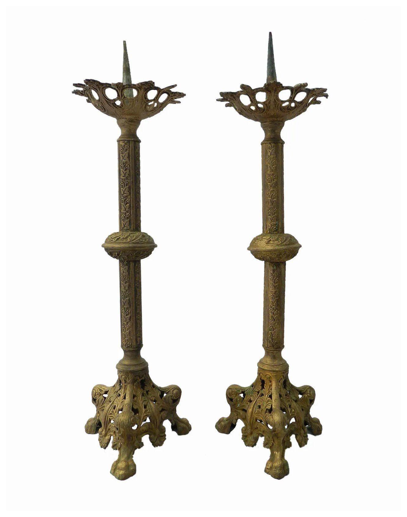 French Provincial Pair Pricket Candle Sticks Altar Church Ecclesiastical French 19th Century For Sale