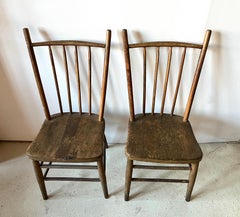 Pair Primitive American Antique 19th Century Spindle Back Wood Chairs