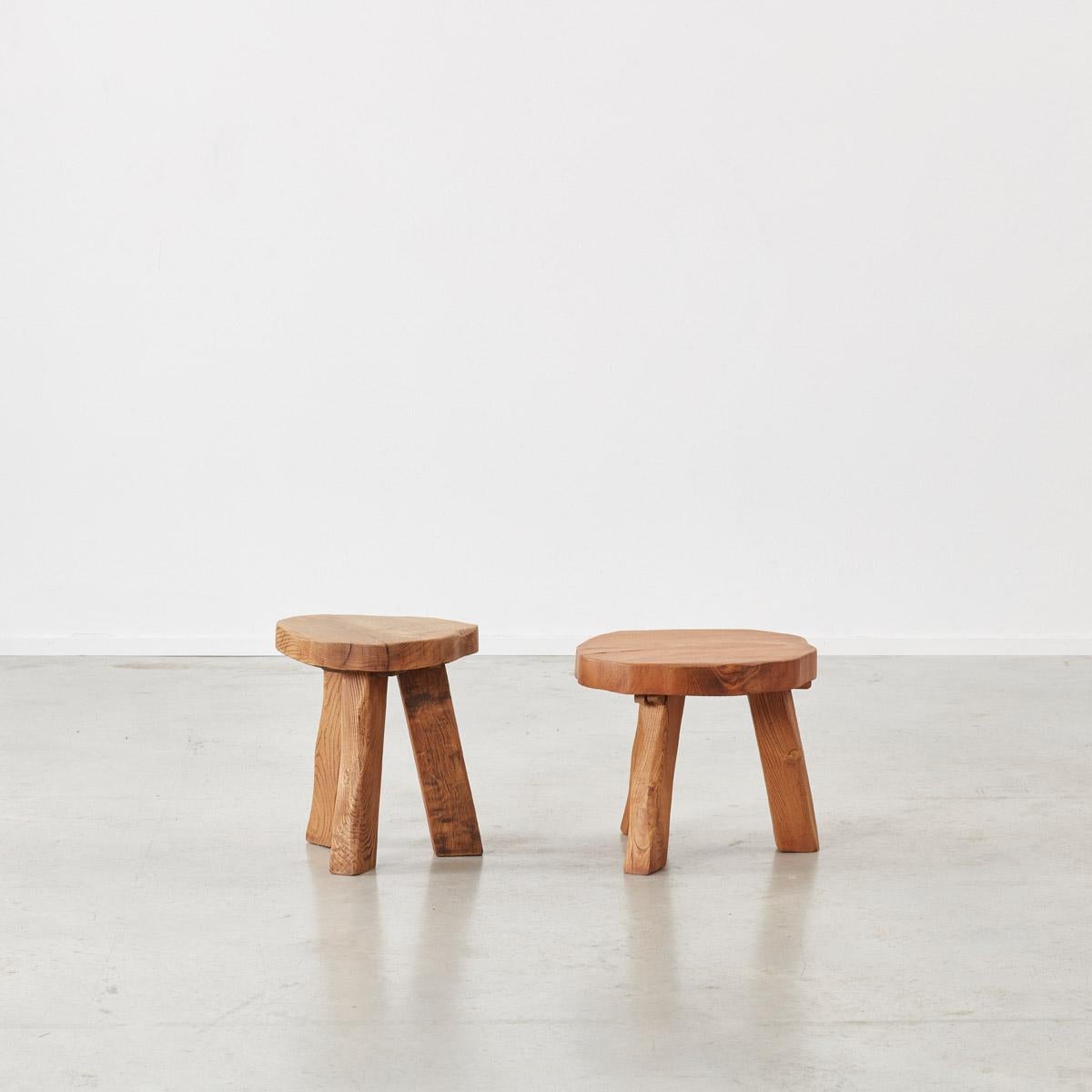 These small and quirky ‘milking’ stools are crafted from hardwood and evoke a more Primitive and purist form of carpentry. Each element of the stools is hand whittled and irregular, giving them a charming rustic appearance. Furthermore, each of the