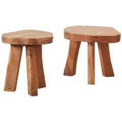 Antique Pair of Primitivist Wooden Stools Wanderwood, France, Early 20th Century