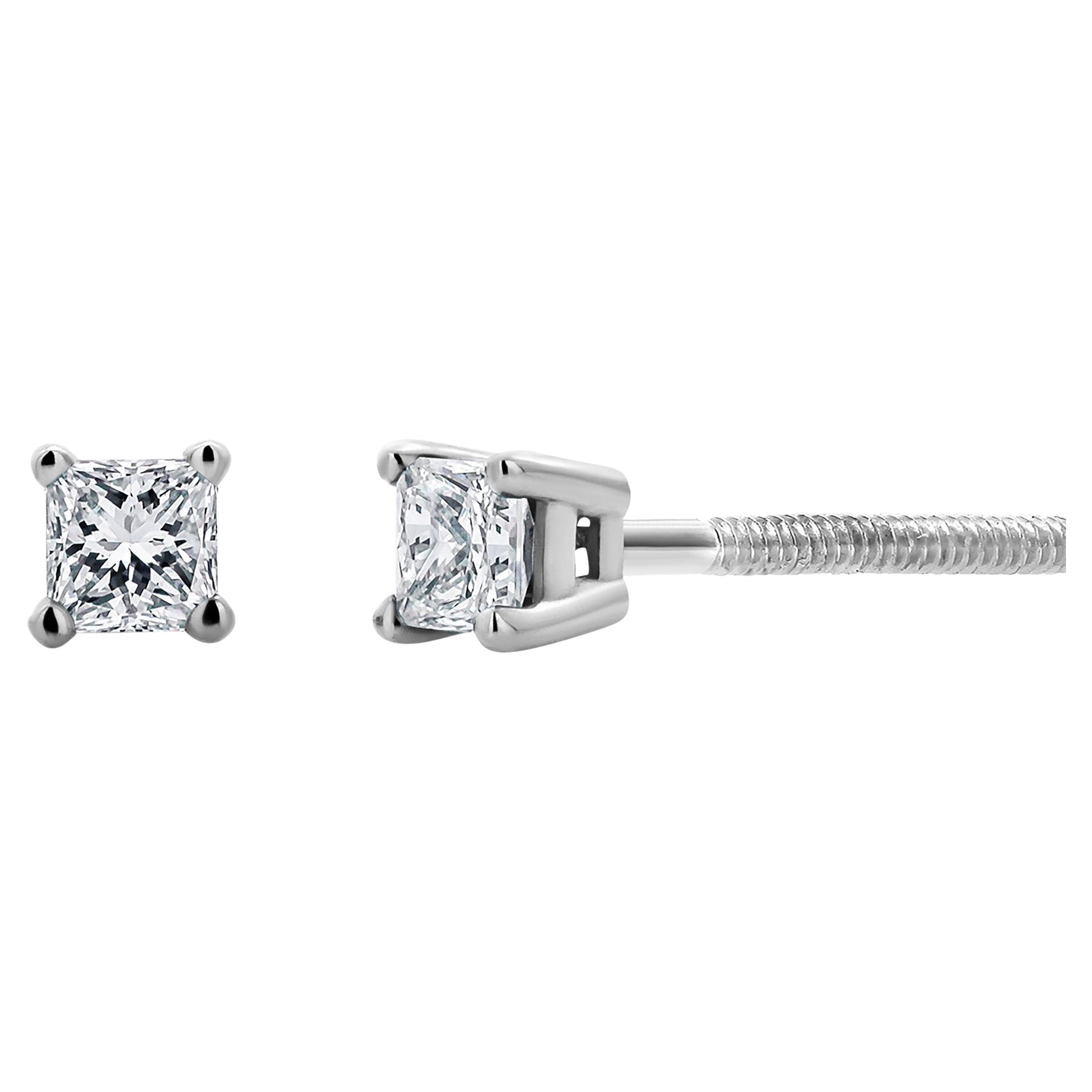 Pair Princess Diamond 0.20 Carat 14 Karat White Gold 0.13 Inch Stud Earrings 