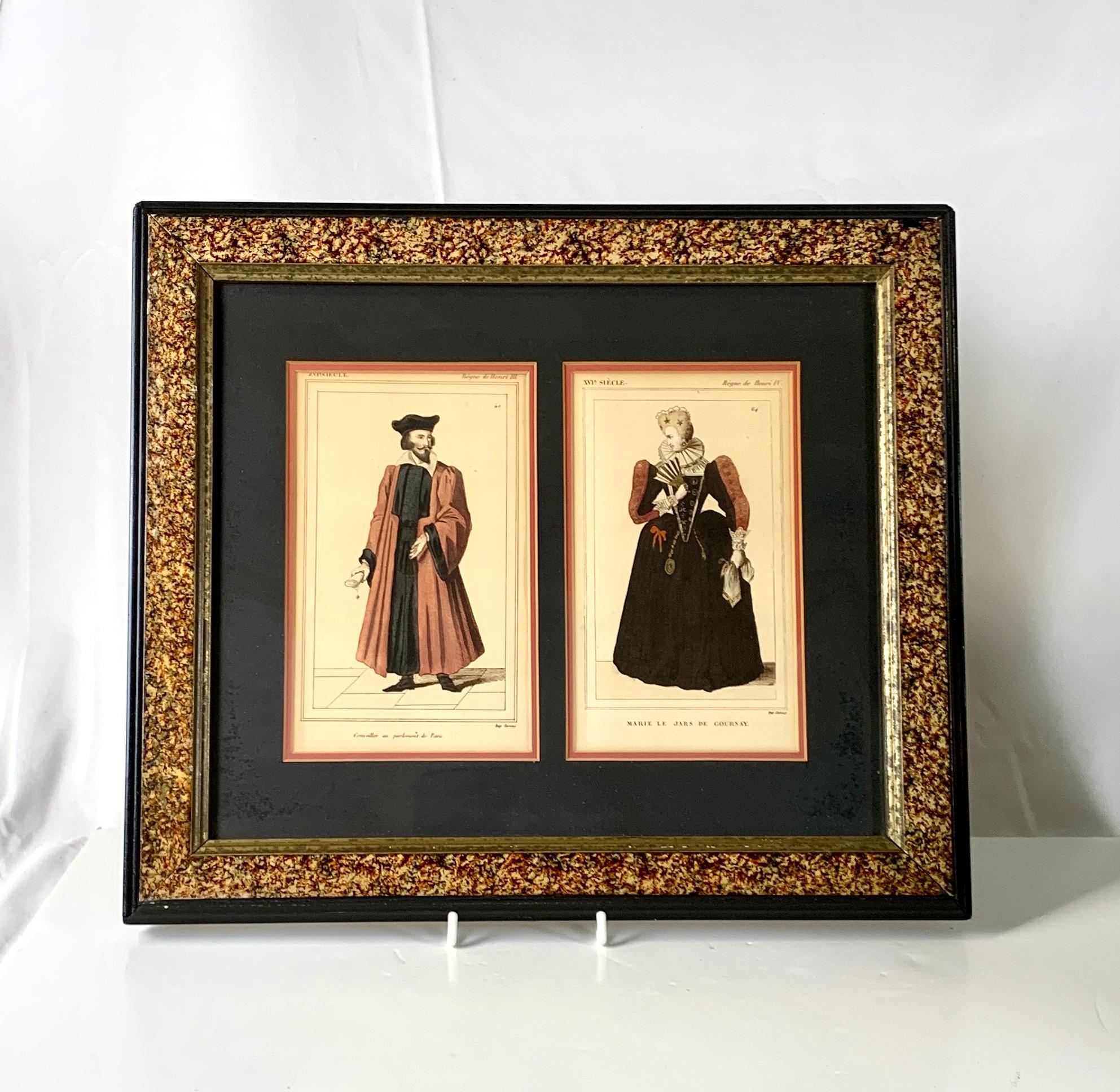A pair of outstanding prints of French nobles of the 16th century. The costumes are exquisite!
The captions under each figure indicate that the figures and their costumes were from the period of Henri III and Henri IV, Kings of France, 
The stylish