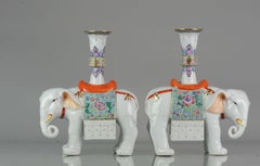 Pair of Proc 1970 Large Candlestick Holders Elephant Porcelain China Chinese