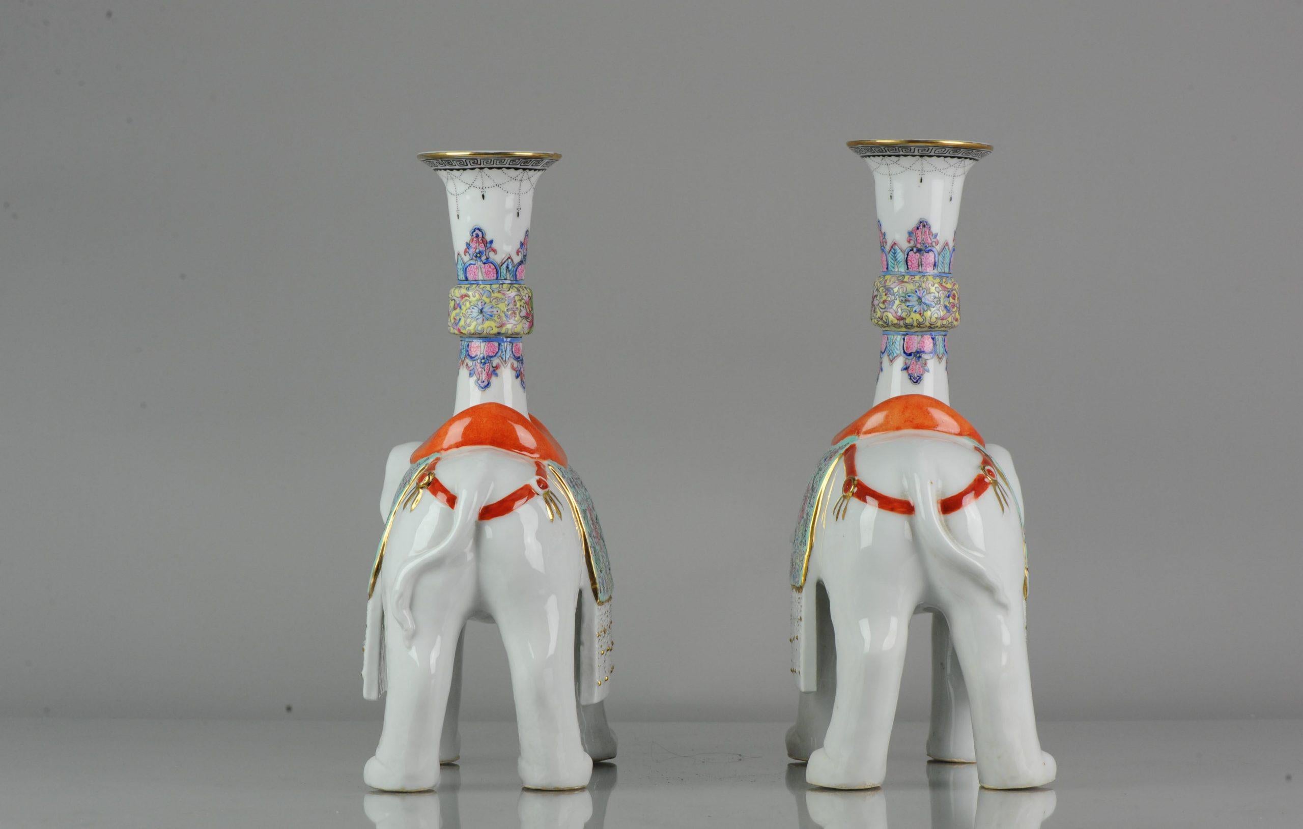 20th Century Pair of Proc 1970 Large Candlestick Holders Elephant Porcelain China Chinese