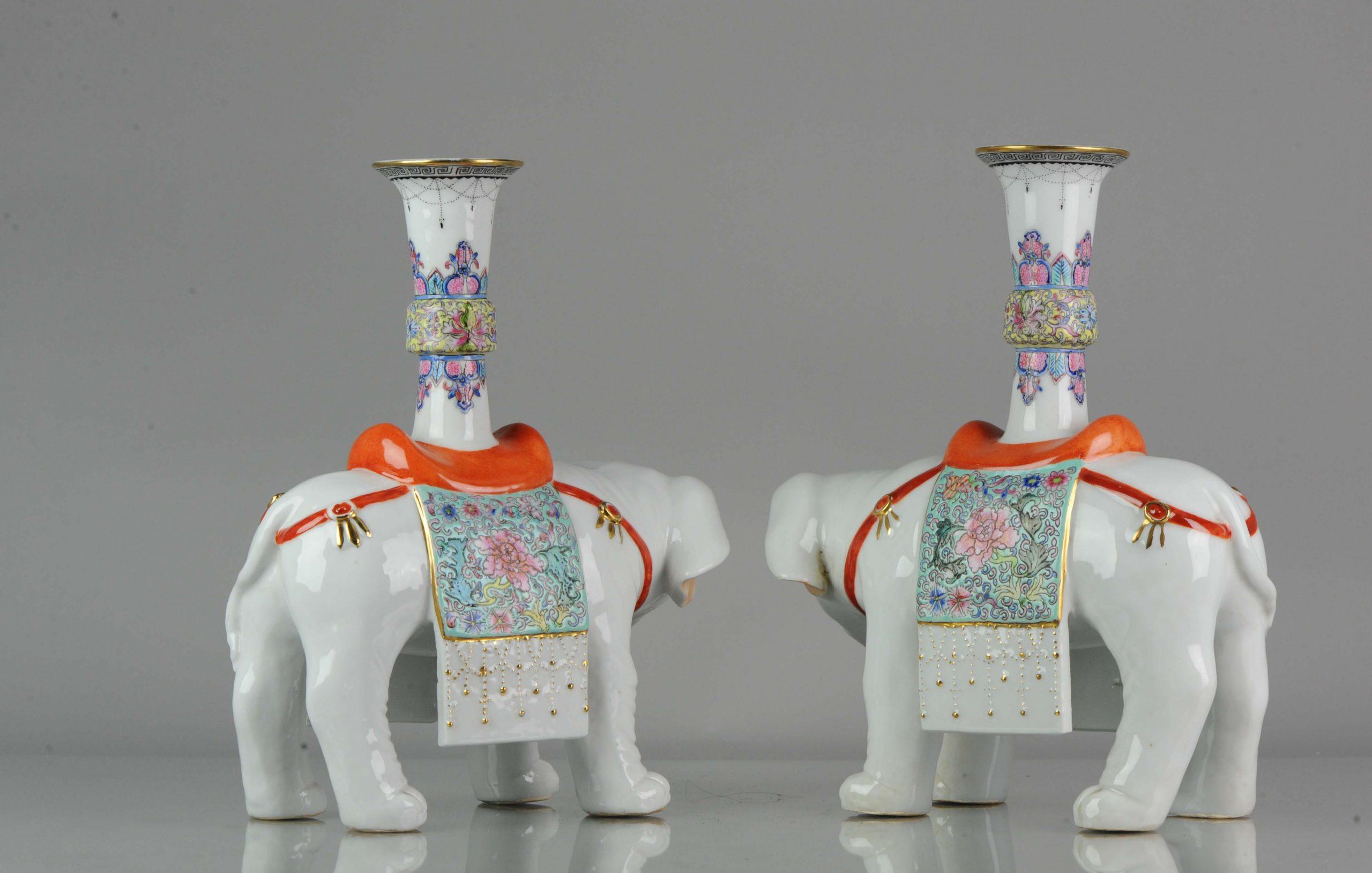 Pair of Proc 1970 Large Candlestick Holders Elephant Porcelain China Chinese 1