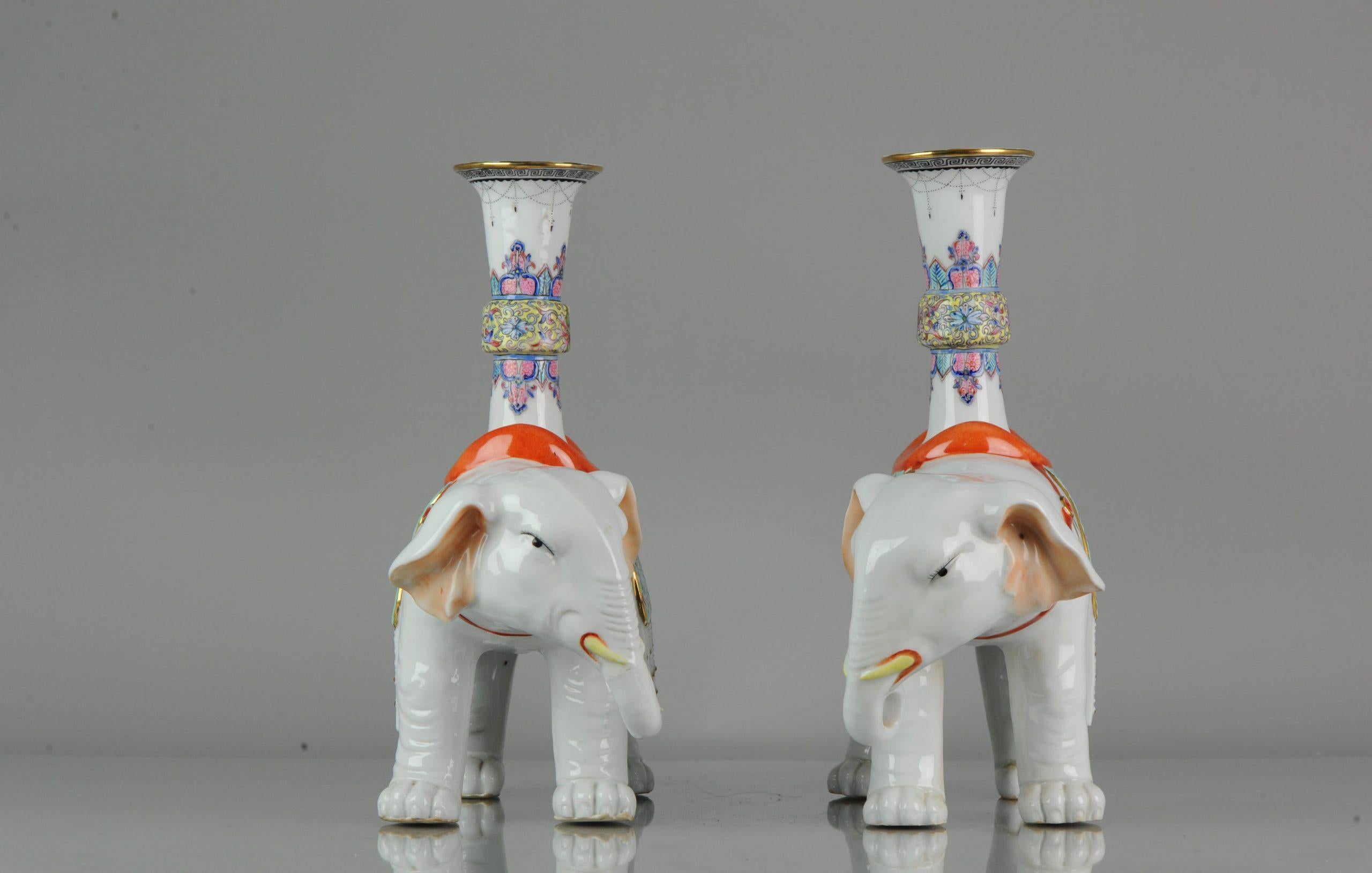 Pair of Proc 1970 Large Candlestick Holders Elephant Porcelain China Chinese 2