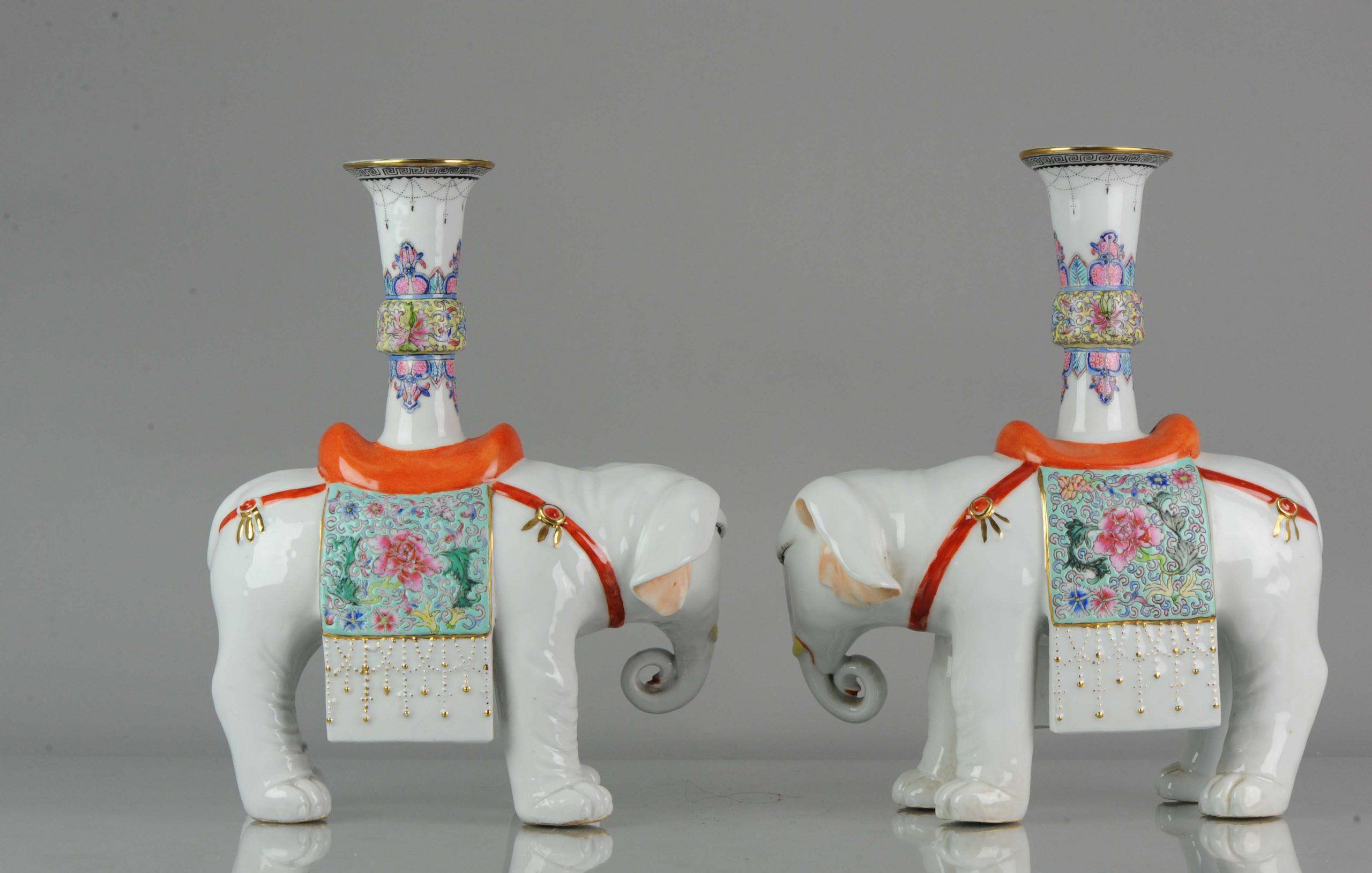 Pair of Proc 1970 Large Candlestick Holders Elephant Porcelain China Chinese 3