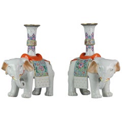 Pair of Proc 1970 Large Candlestick Holders Elephant Porcelain China Chinese