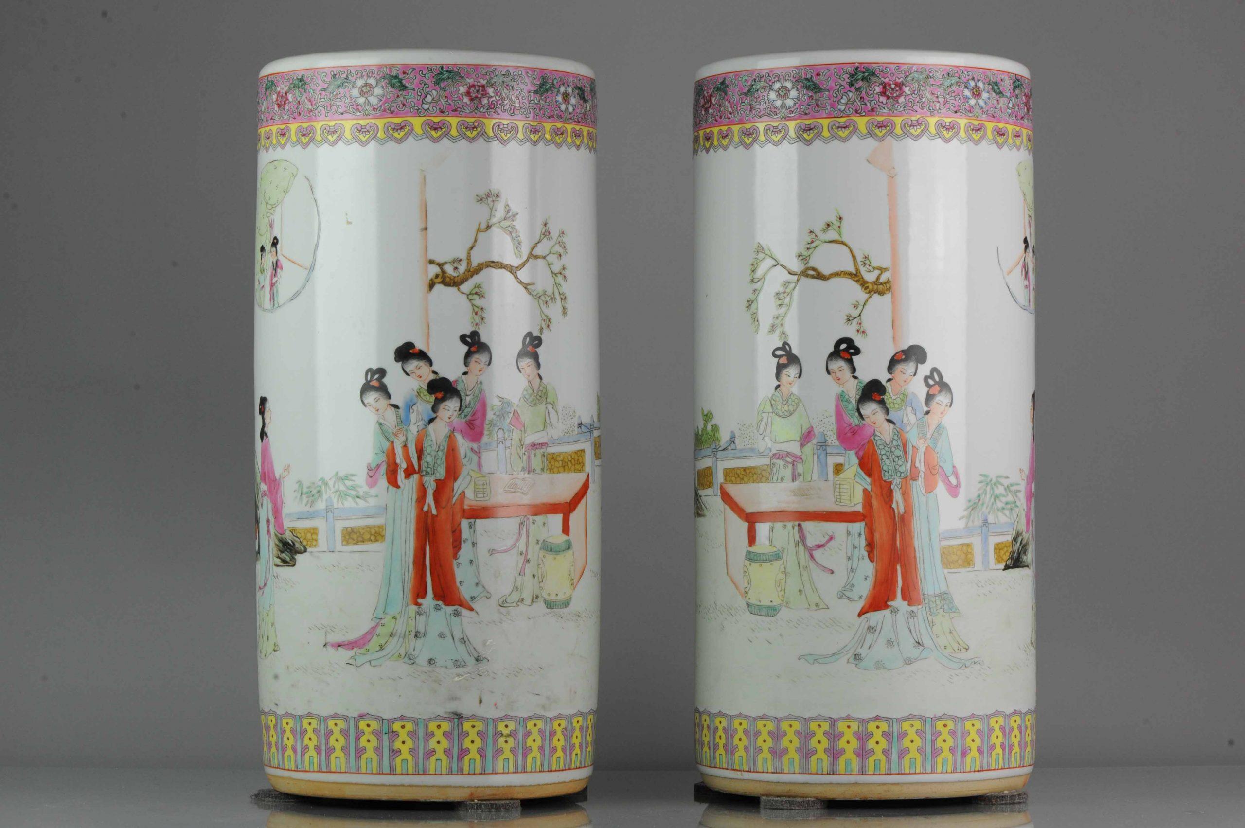 Pair of Proc 1970 Large Umbrella Stand Vase with Ladies in Garden Porcelain For Sale 5