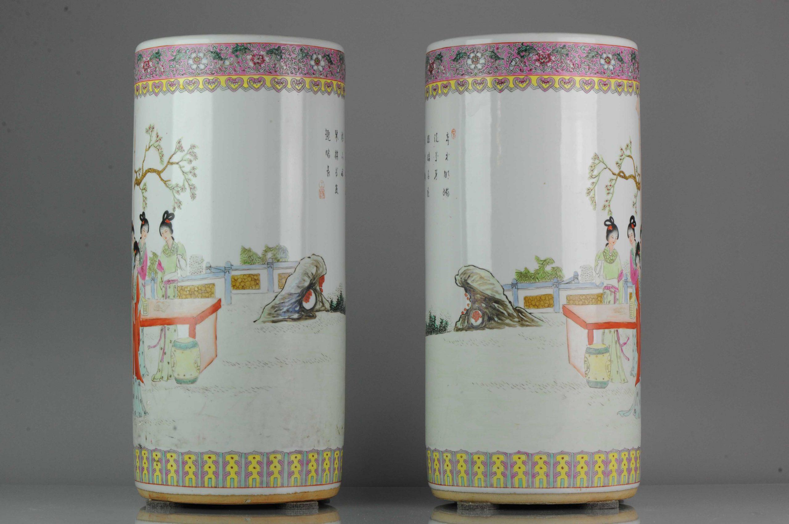 Chinese Pair of Proc 1970 Large Umbrella Stand Vase with Ladies in Garden Porcelain For Sale