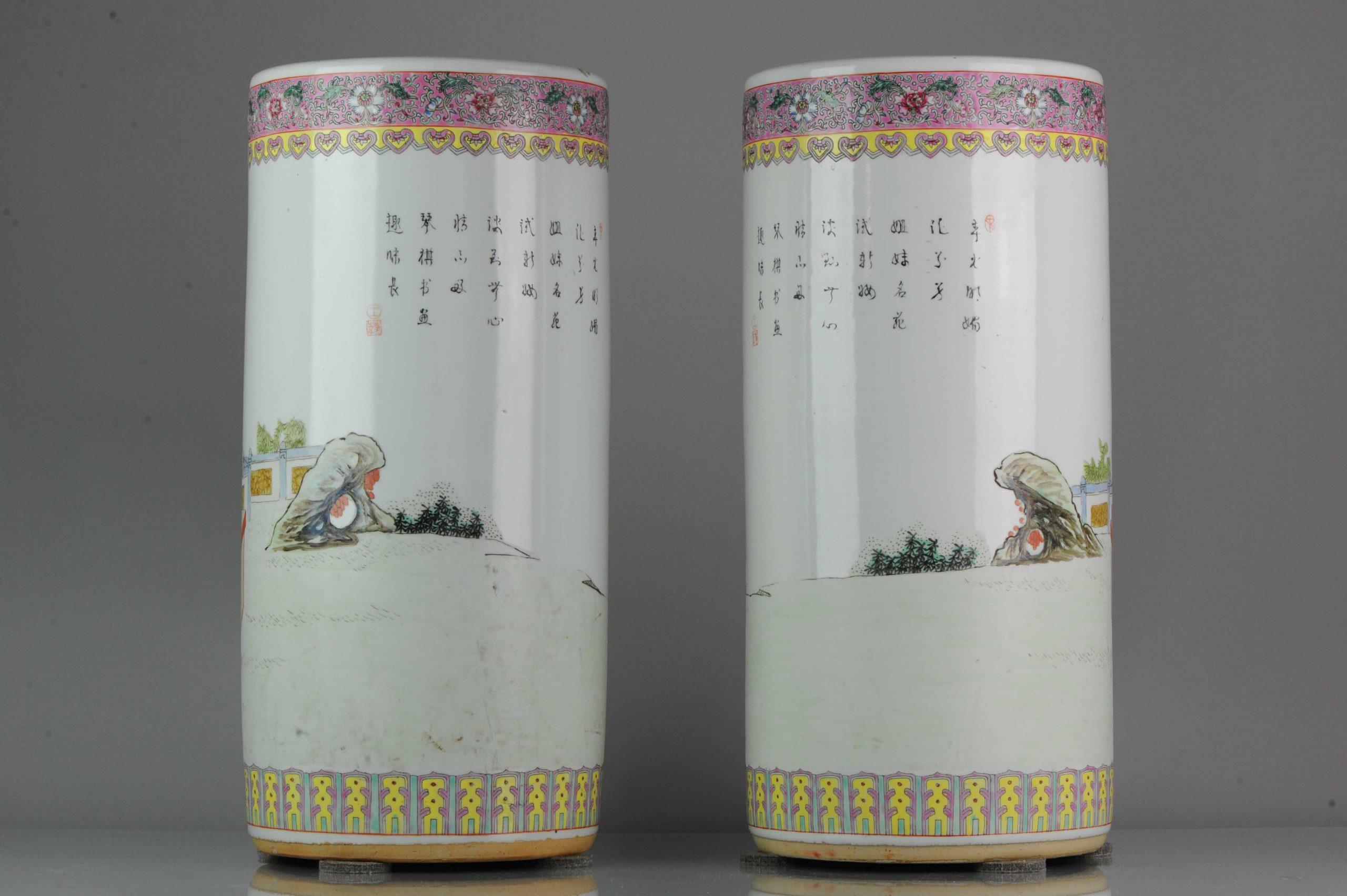 Pair of Proc 1970 Large Umbrella Stand Vase with Ladies in Garden Porcelain In Excellent Condition For Sale In Amsterdam, Noord Holland