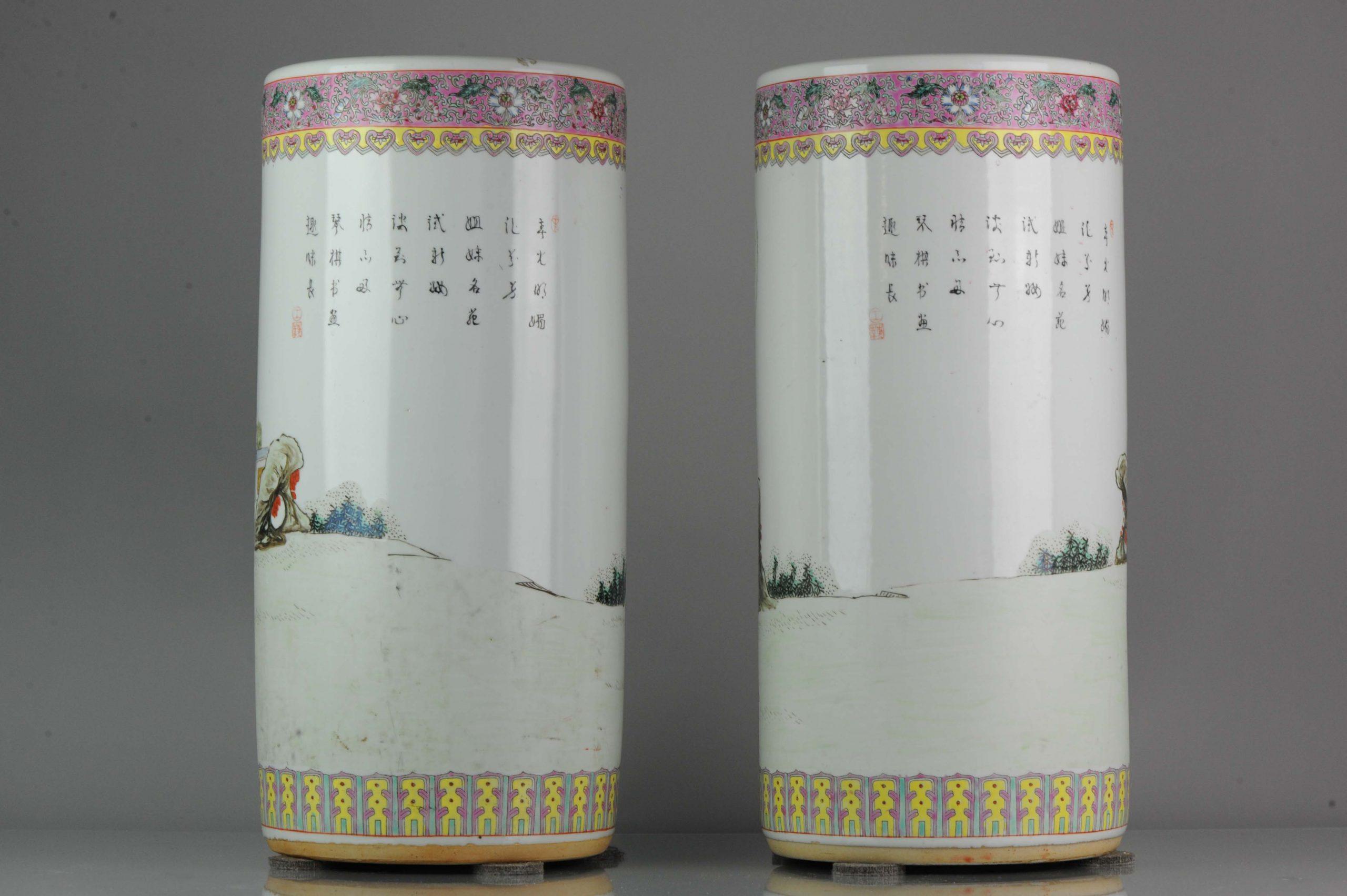 20th Century Pair of Proc 1970 Large Umbrella Stand Vase with Ladies in Garden Porcelain For Sale