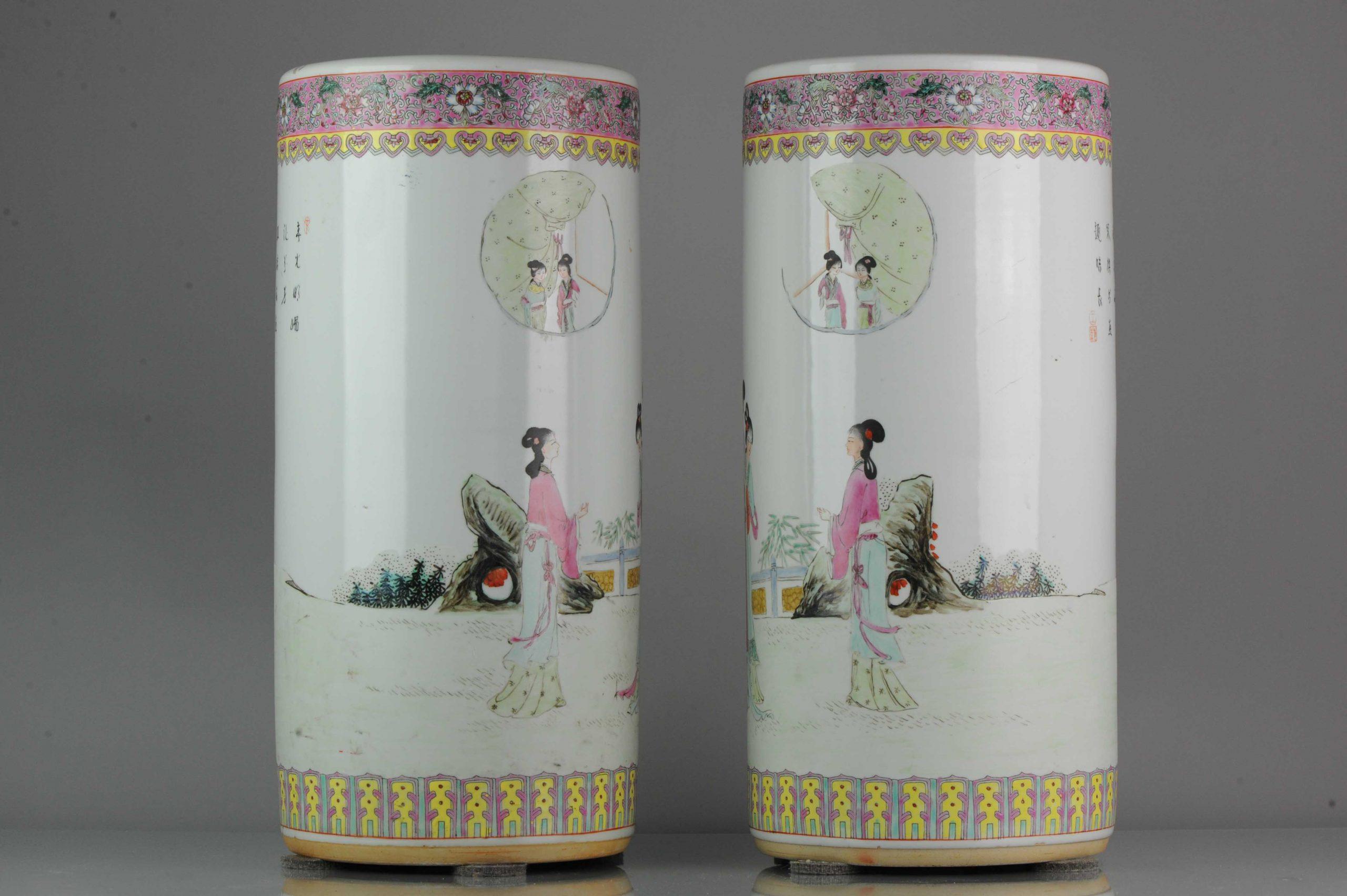 Pair of Proc 1970 Large Umbrella Stand Vase with Ladies in Garden Porcelain For Sale 1