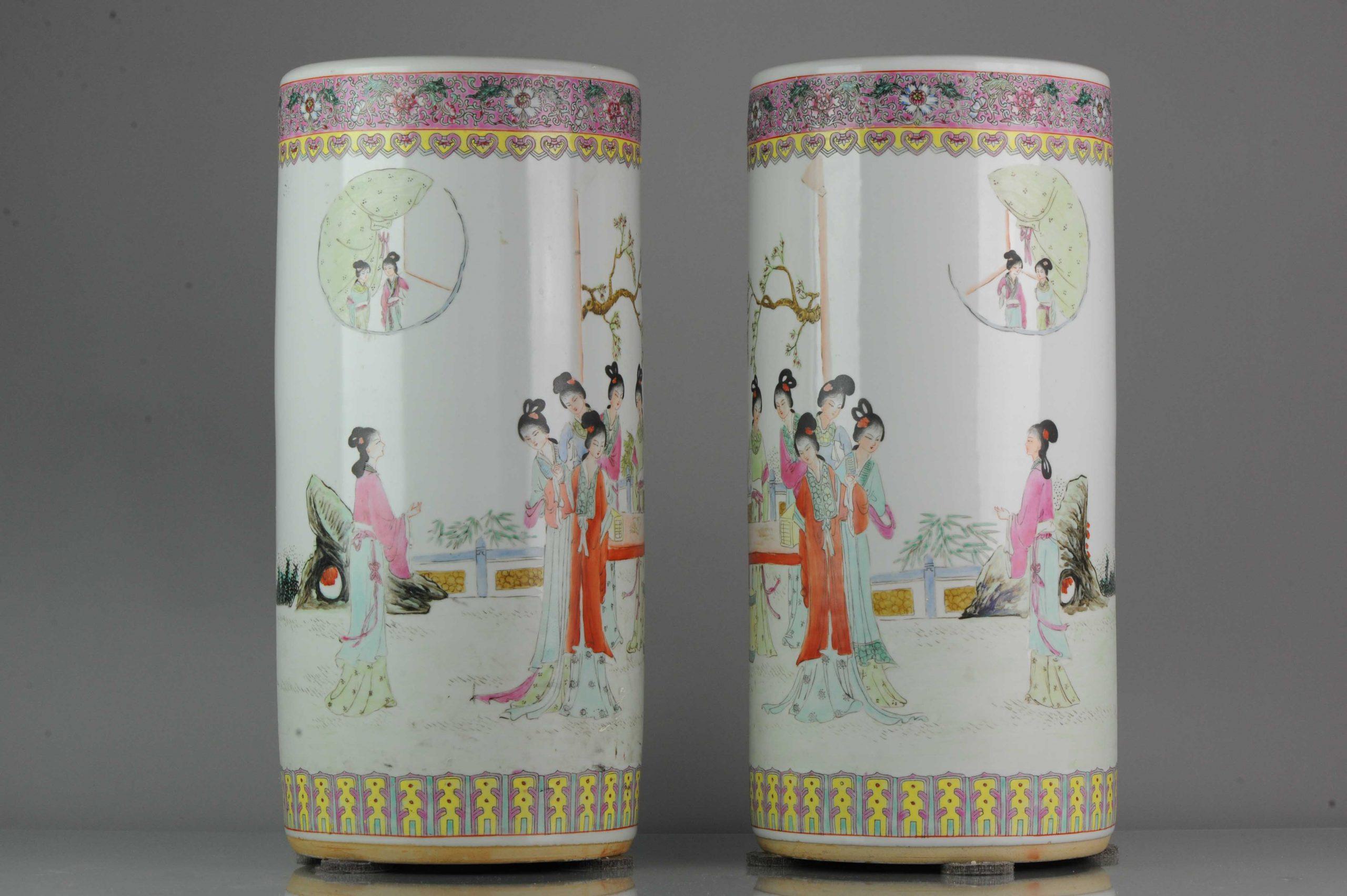Pair of Proc 1970 Large Umbrella Stand Vase with Ladies in Garden Porcelain For Sale 2