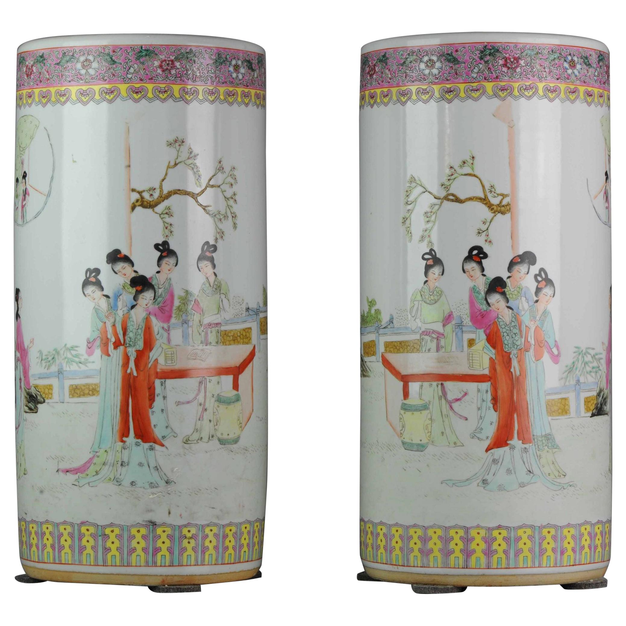 Pair of Proc 1970 Large Umbrella Stand Vase with Ladies in Garden Porcelain