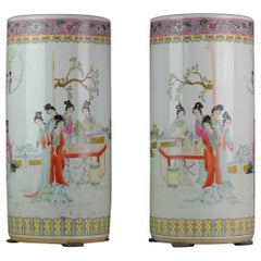 Pair of Proc 1970 Large Umbrella Stand Vase with Ladies in Garden Porcelain
