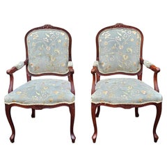 Pair Provincial Style Fruitwood And Embroidered Ultrasuede Upholstery  Armchairs