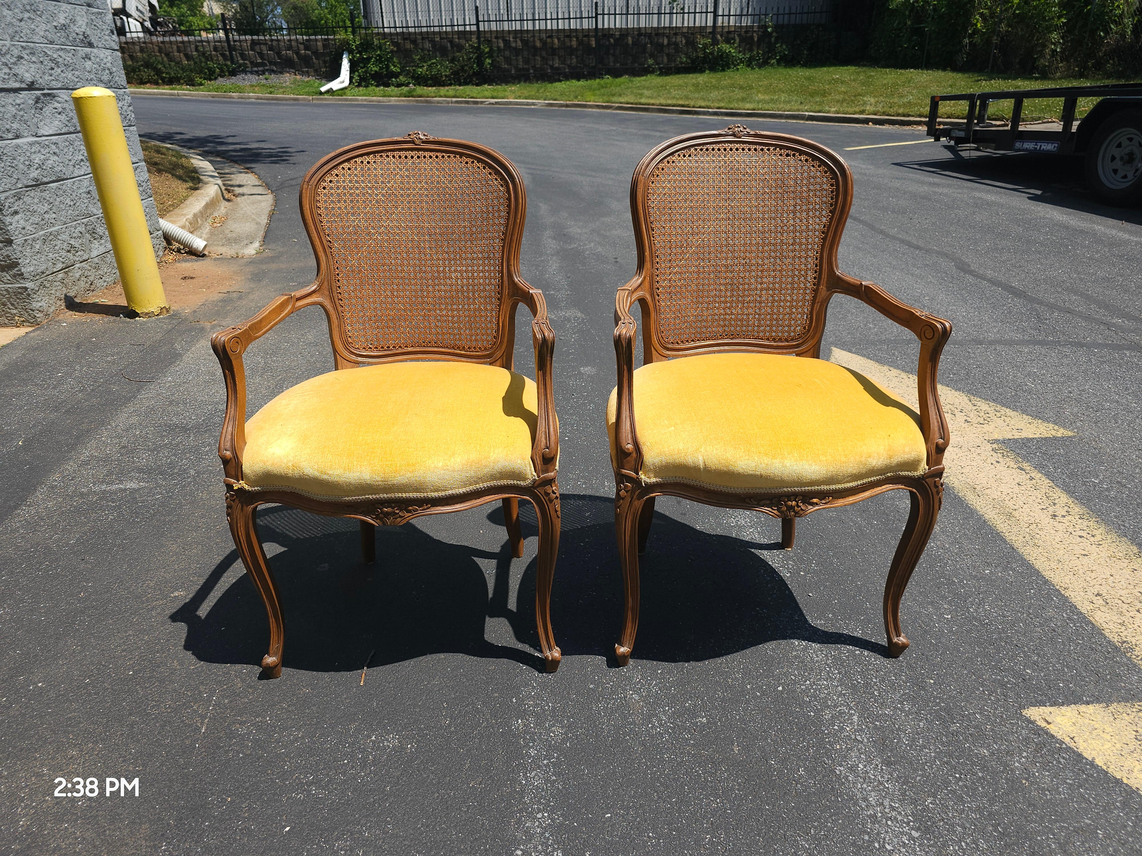 Pair Provincial Style Walnut Cane Back & Velvet Upholstered Seat Bergeres Chairs For Sale 3