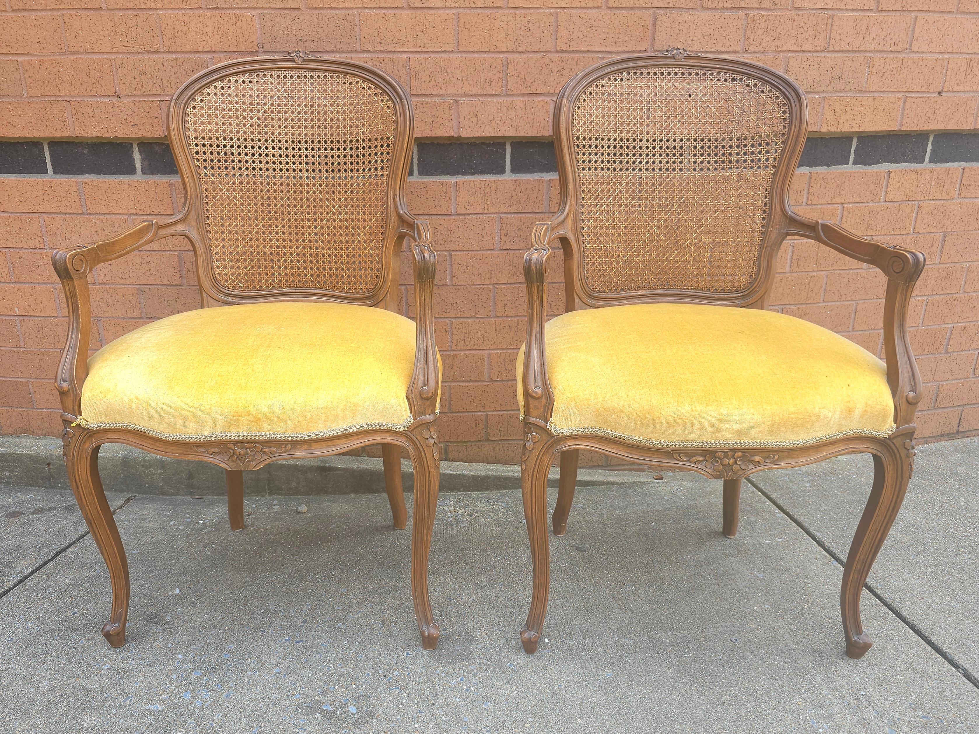 A Pair of Provincial Style Walnut Cane Back & Velvet Upholstered Seat Bergeres Chairs. 
Measures 24