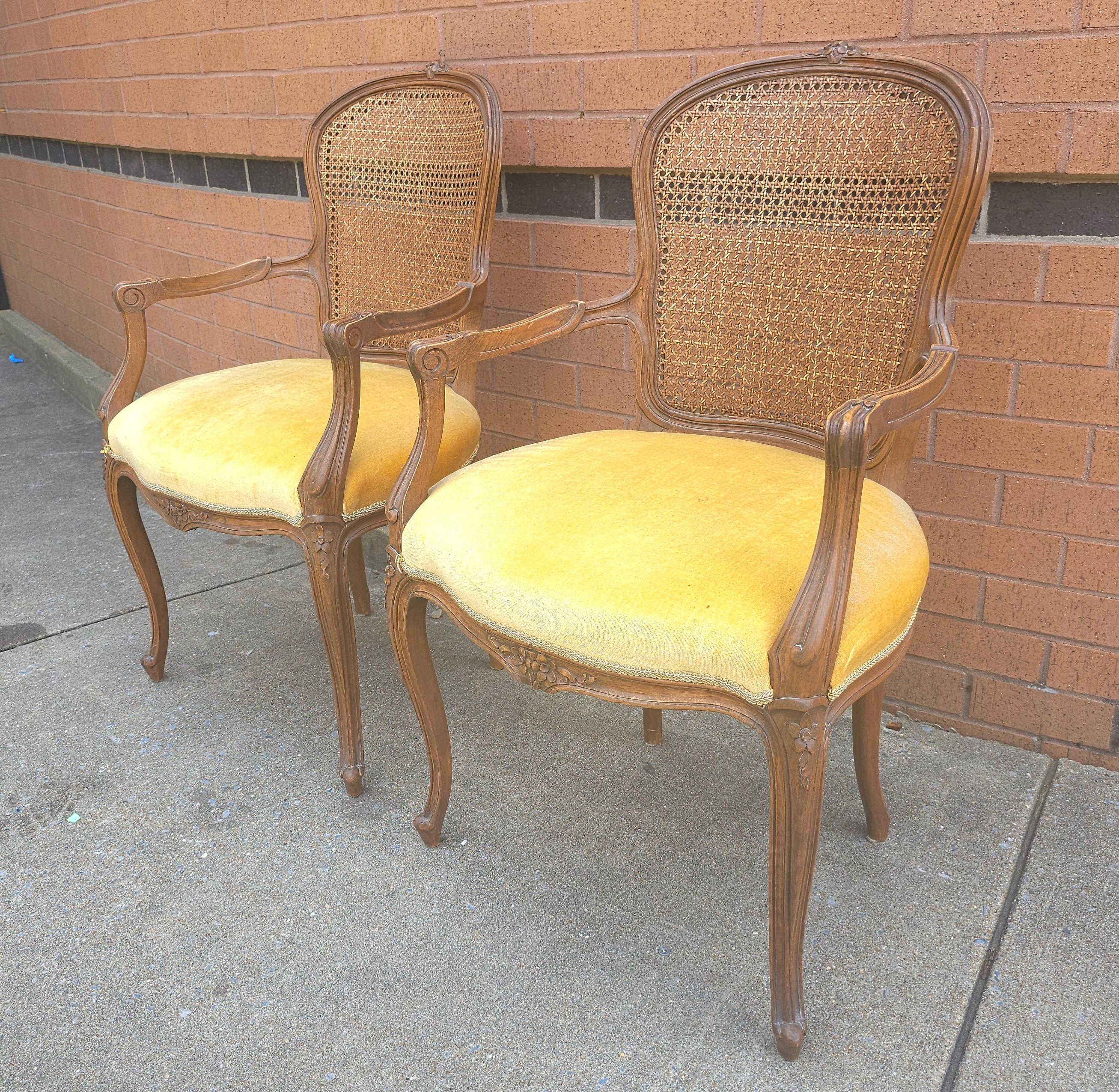 French Provincial Pair Provincial Style Walnut Cane Back & Velvet Upholstered Seat Bergeres Chairs For Sale
