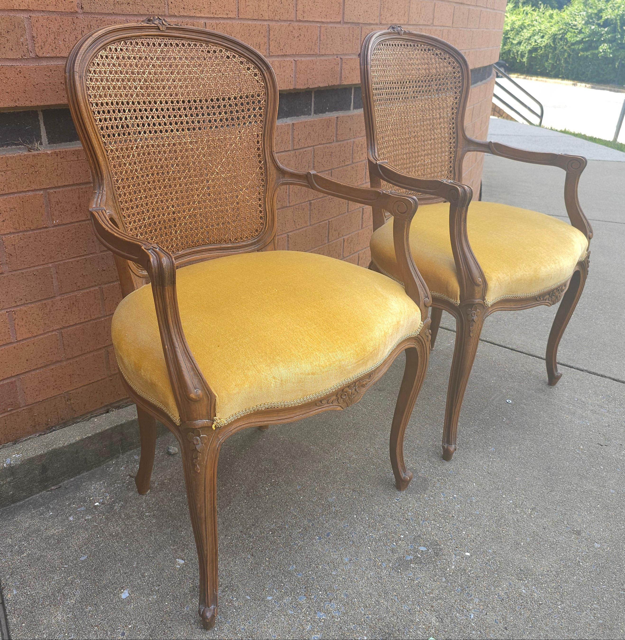 Unknown Pair Provincial Style Walnut Cane Back & Velvet Upholstered Seat Bergeres Chairs For Sale