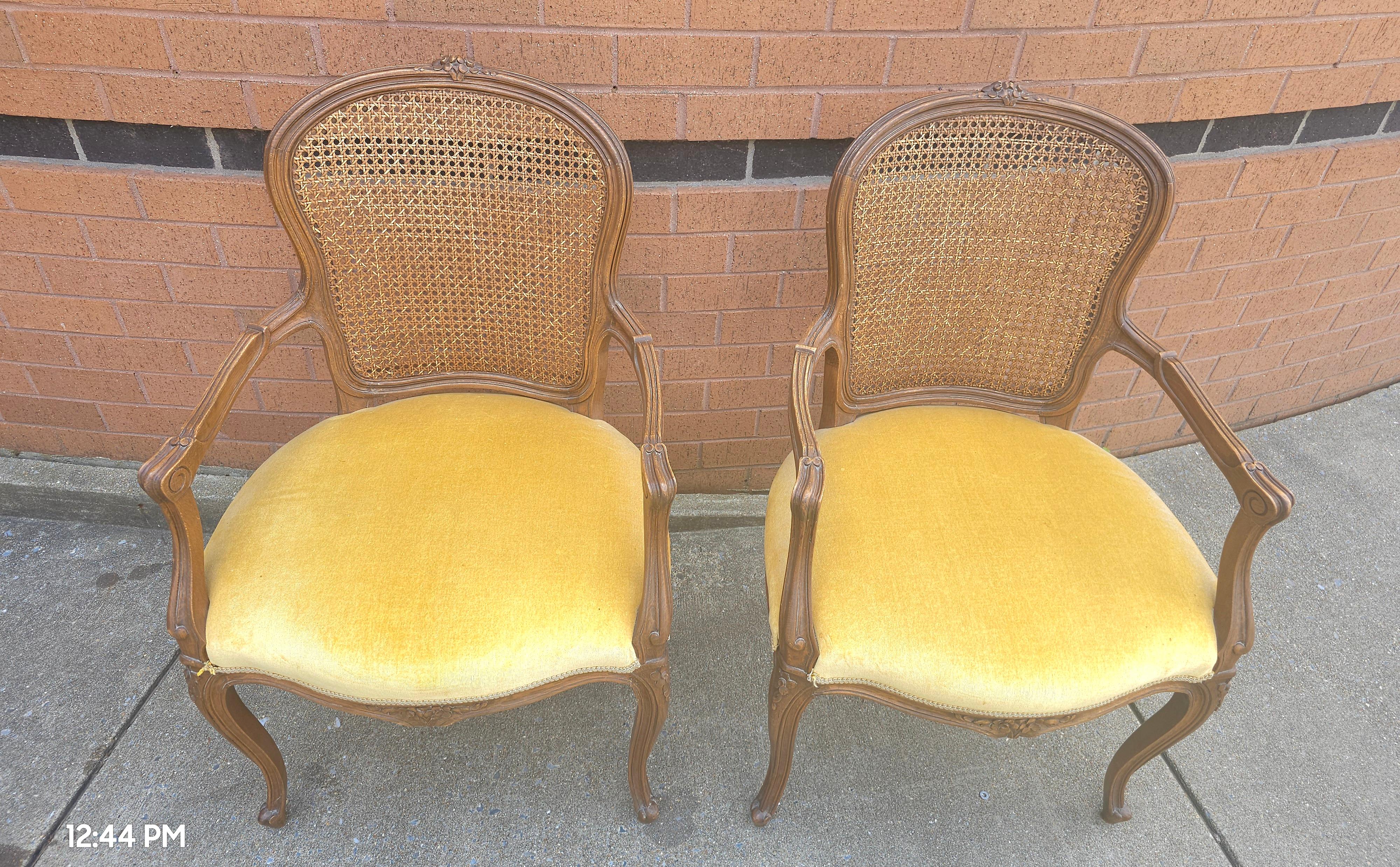 Caning Pair Provincial Style Walnut Cane Back & Velvet Upholstered Seat Bergeres Chairs For Sale