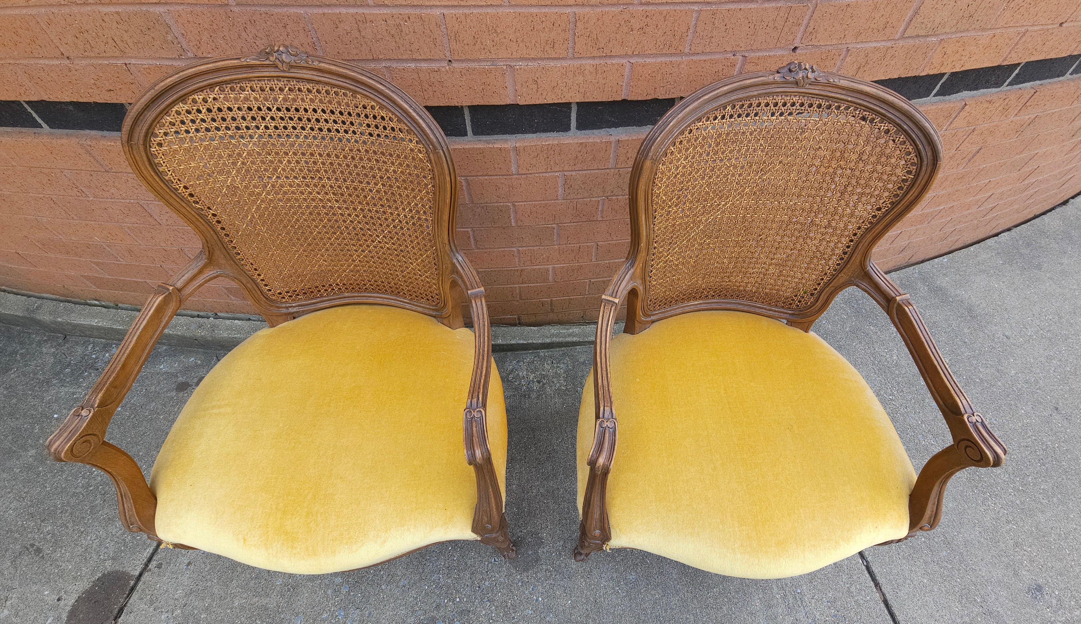 Pair Provincial Style Walnut Cane Back & Velvet Upholstered Seat Bergeres Chairs In Good Condition For Sale In Germantown, MD