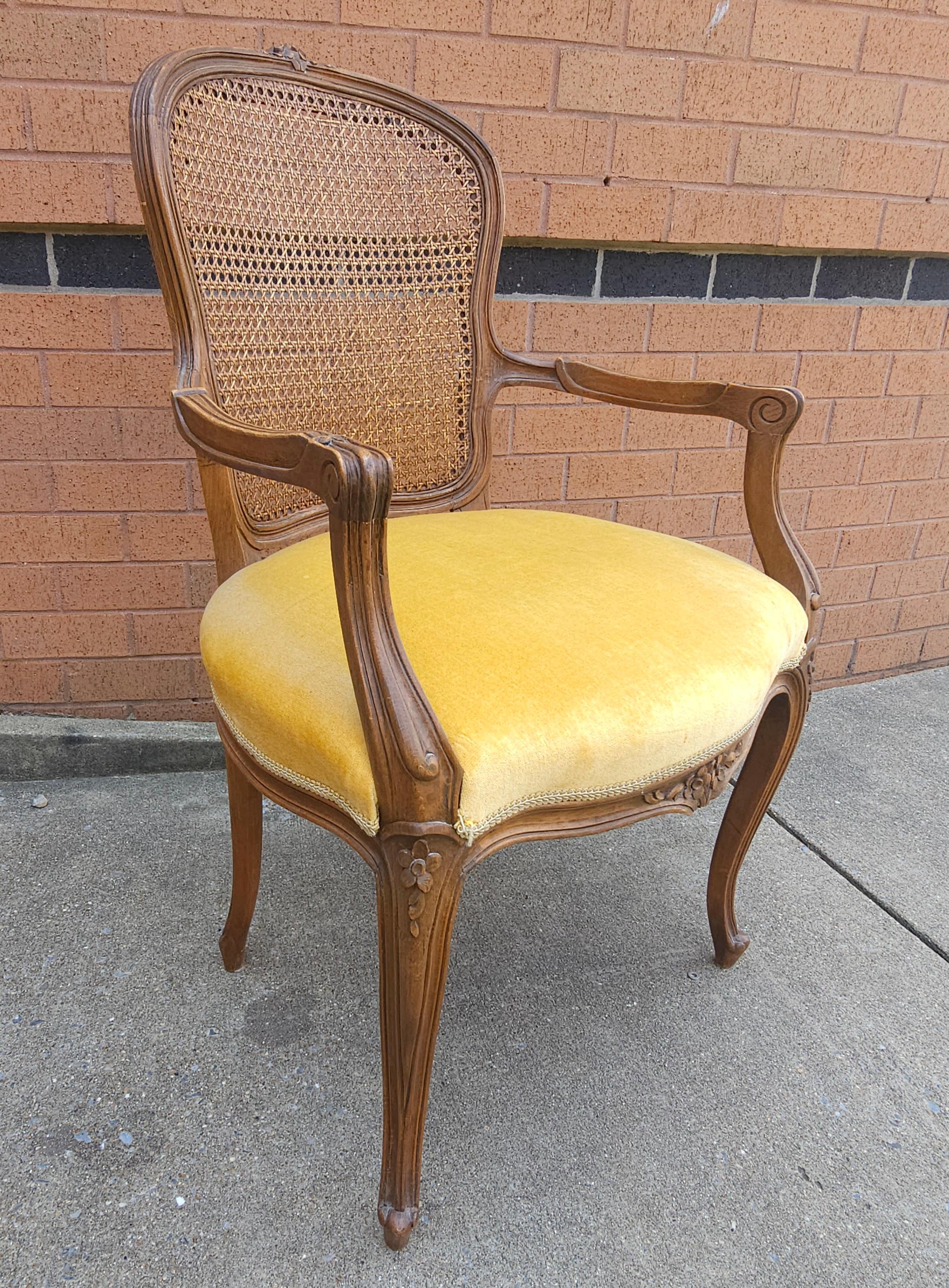 20th Century Pair Provincial Style Walnut Cane Back & Velvet Upholstered Seat Bergeres Chairs For Sale