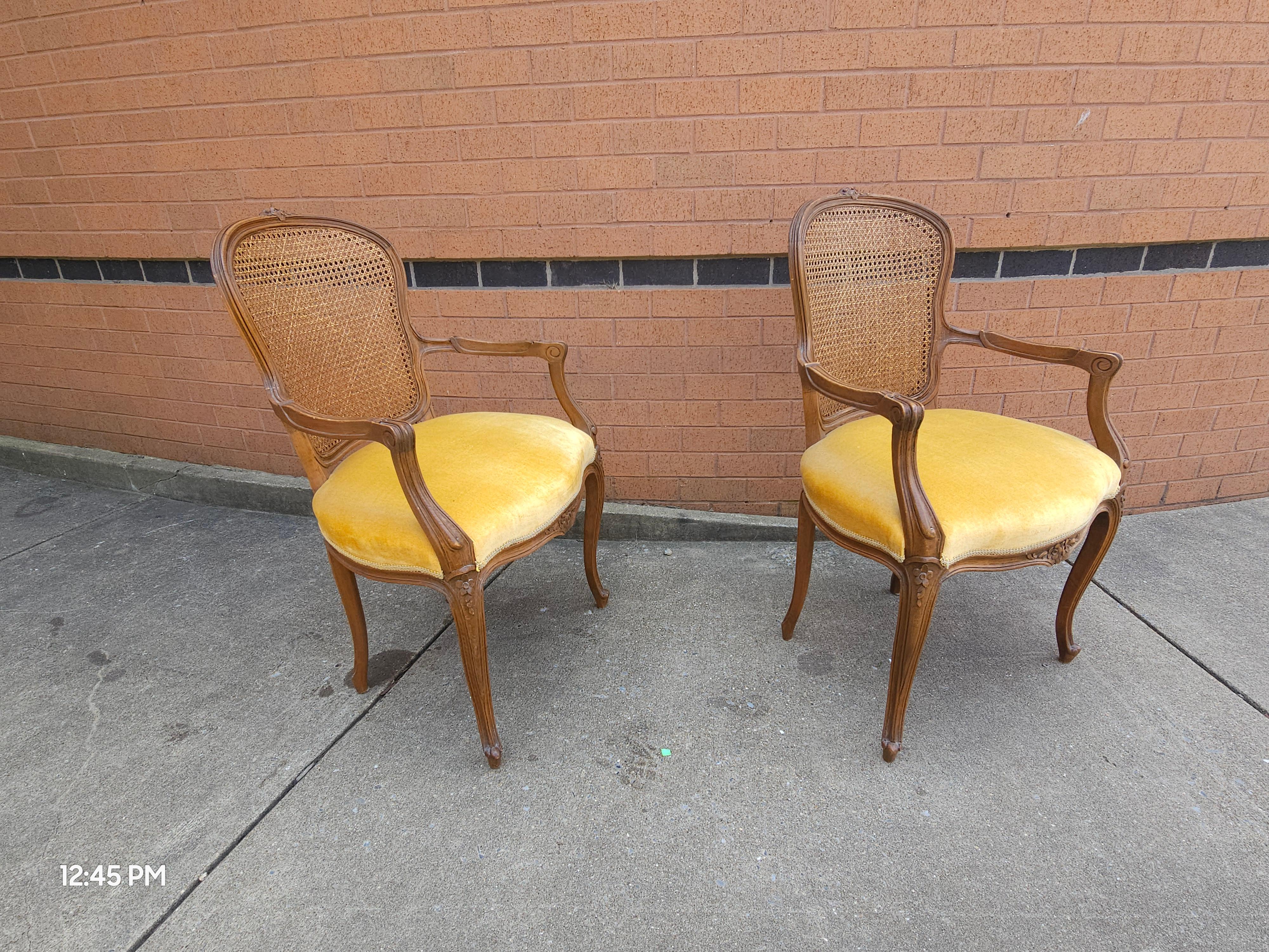 Upholstery Pair Provincial Style Walnut Cane Back & Velvet Upholstered Seat Bergeres Chairs For Sale