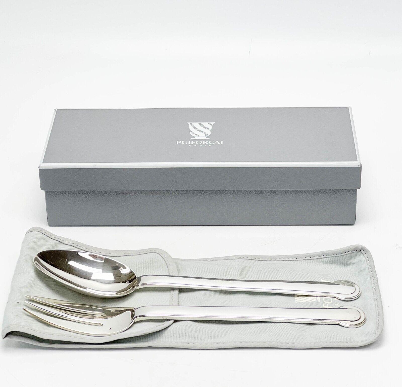 Pair Puiforcat France Sterling Silver Serving Spoon & Fork in Annecy with Box For Sale 2
