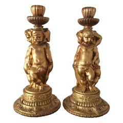 Antique Pair of Figural Cherubs Ormolu   Candlesticks 1920's