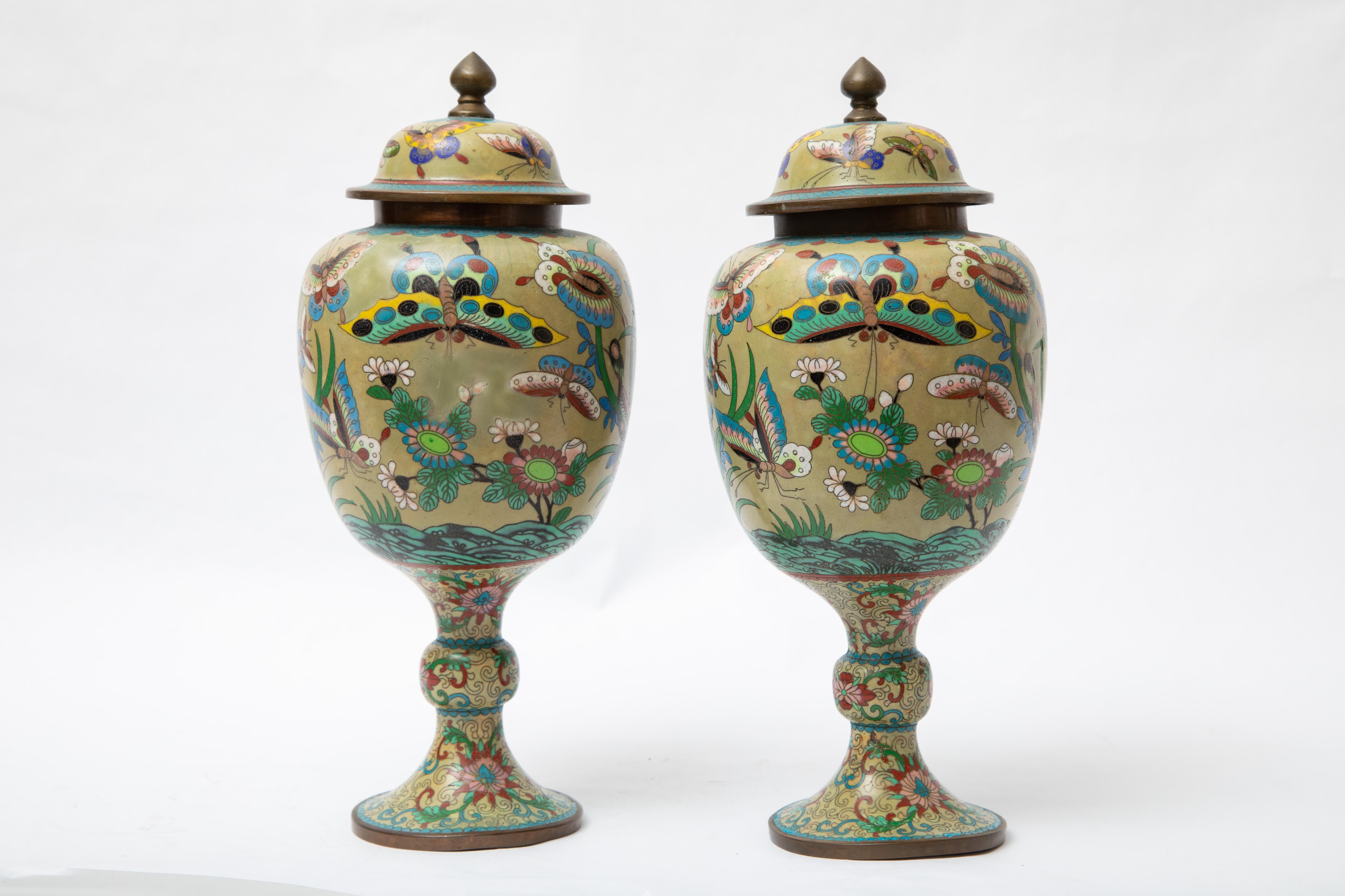 Un'alta e vibrante coppia di vasi a cloissone del periodo Qing, l'ultima dinastia imperiale dal 1644 al 1912. Realizzati con la raffinata lavorazione del metallo per cui erano conosciuti e caratterizzati da rigogliose opere botaniche e farfalle.