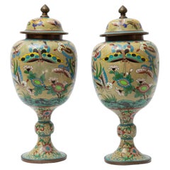 Pair Qing 19th Century Chinese Cloissone Vases, Vibrant Colored Enamels