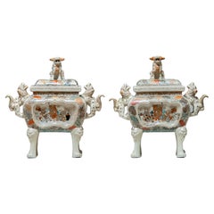 Pair Qing Dinasty Antique Chinese Foo Dogs Protected Ceramic "Fang Ding"